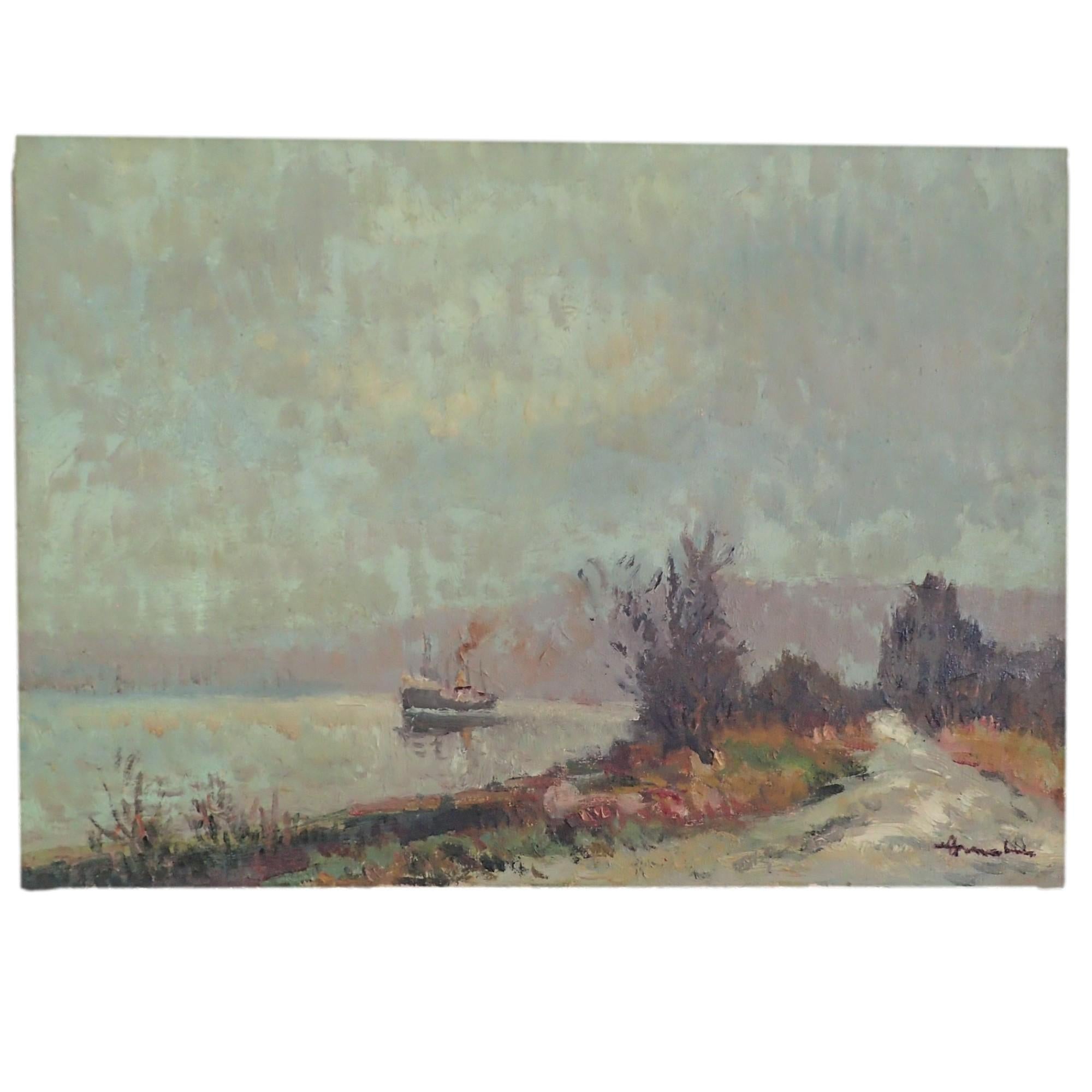 Peinture impressionniste française d'un navire de cargaison sur la rivière Seine - Impressionnisme Painting par Albert Malet