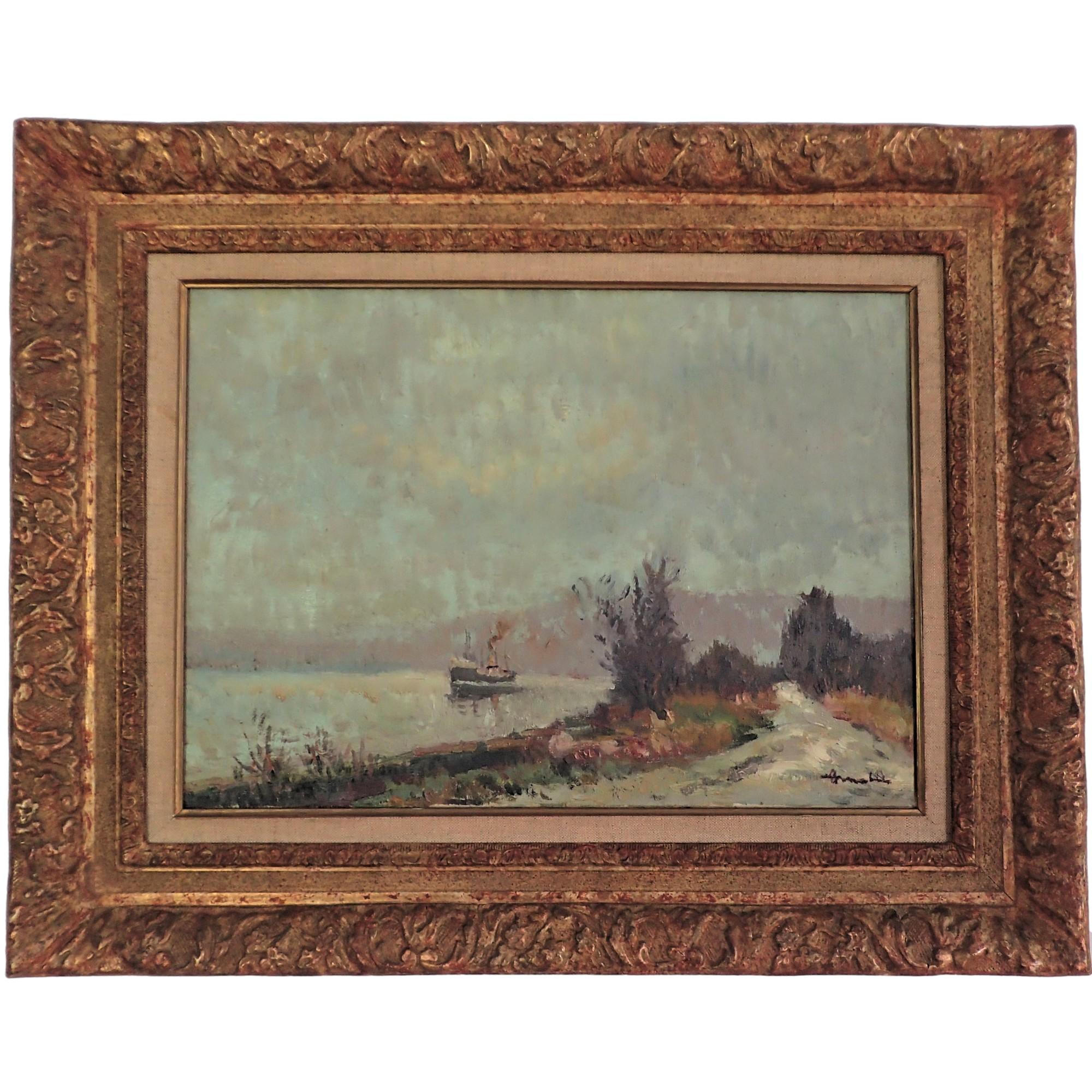 Landscape Painting Albert Malet - Peinture impressionniste française d'un navire de cargaison sur la rivière Seine