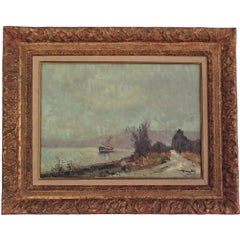 Vintage French Impressionist painting of a Cargo Ship On The Seine River