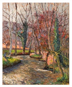 French Post Impressionist Oil Painting Albert Malet Landscape with Man Fishing