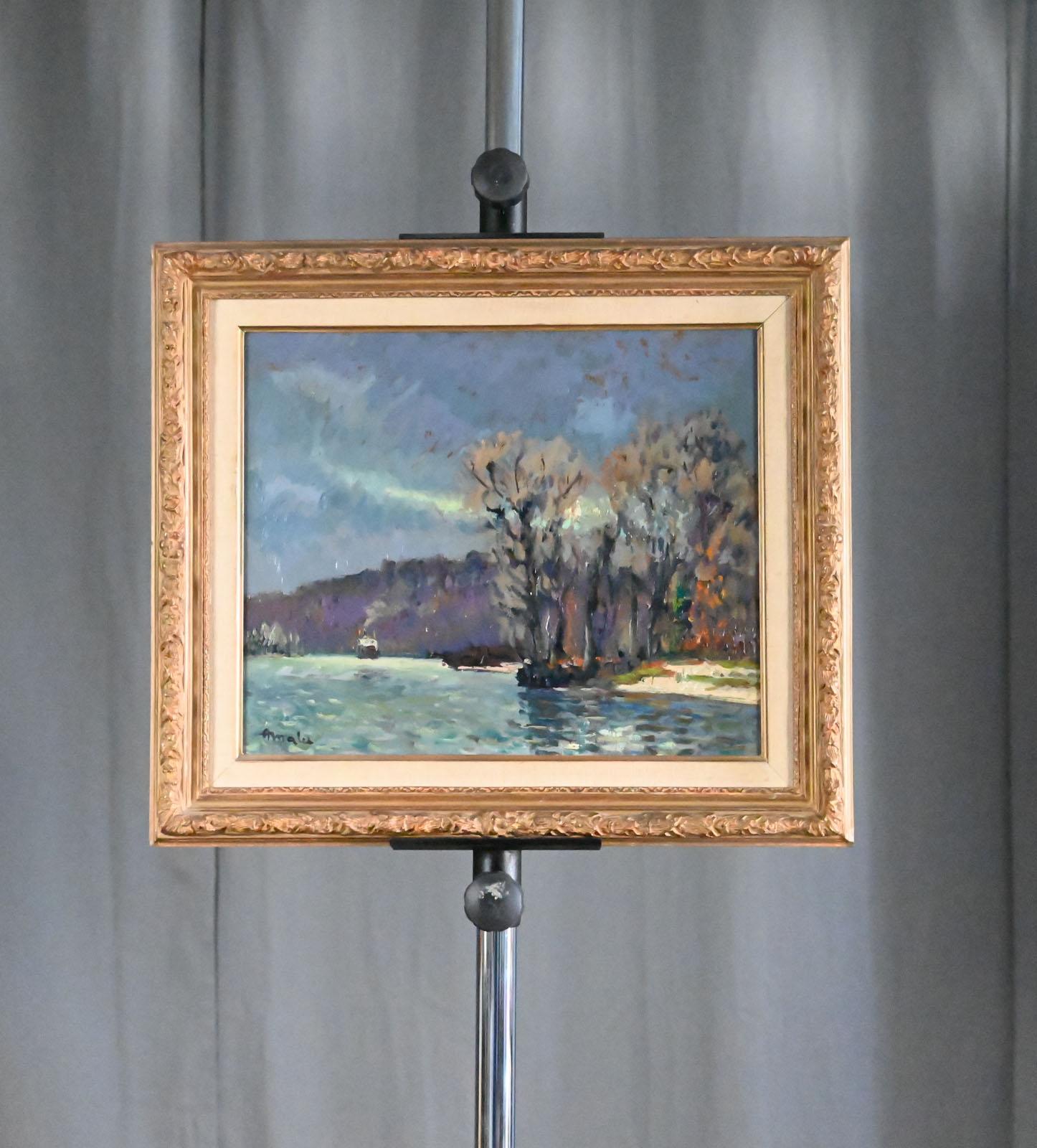 Albert MALET (1905-1986)

La Seine en amont de Rouen

Oil on panel (isorel)
Size: 38 x 46 cm
Signed lower left

In very good state of conservation. Recently cleaned and varnished.
Beautiful carved and gilded frame with closed corners. FREE
Size with