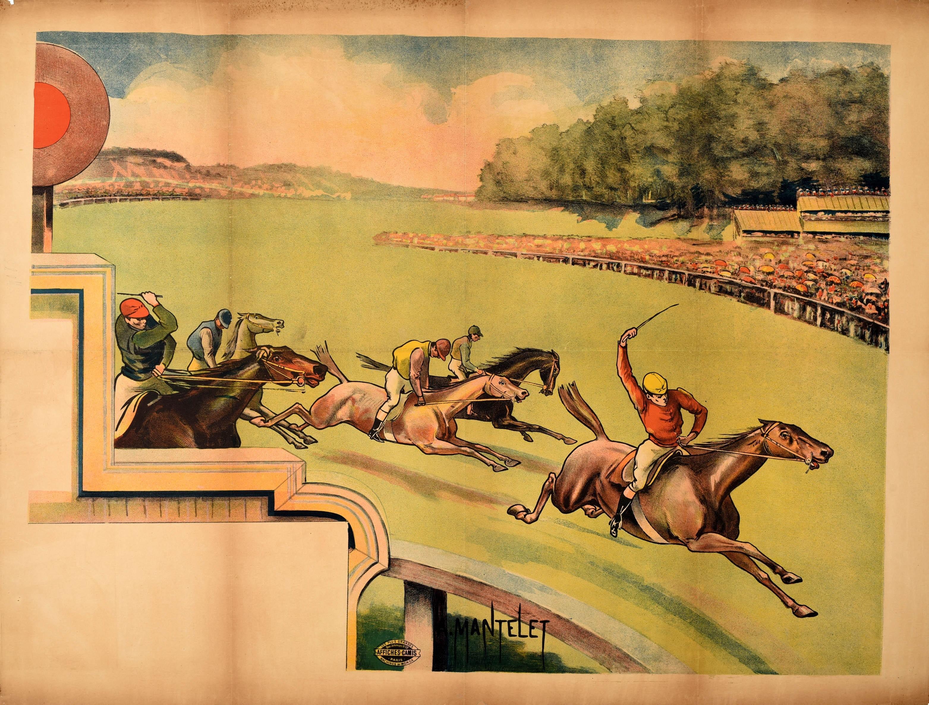 Original Antikes Poster, Pferderennen, Jockey, Reiter, Sport, Kunstwerk, Finish (Braun), Print, von MANTELET Albert