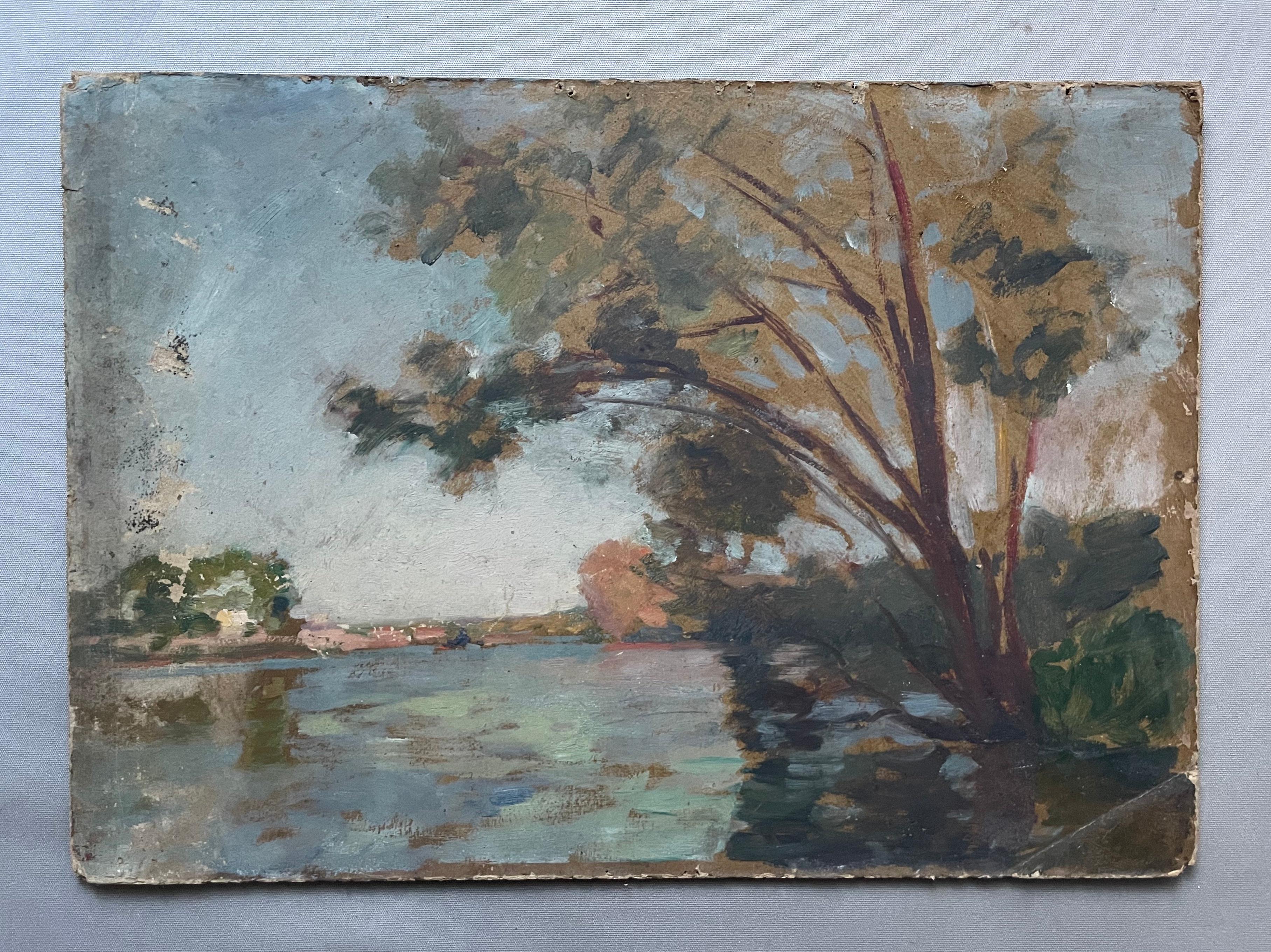 Albert Dagnaux, Paisaje fluvial, Óleo sobre cartón a restaurar - Painting de Albert Marie A. DAGNAUX