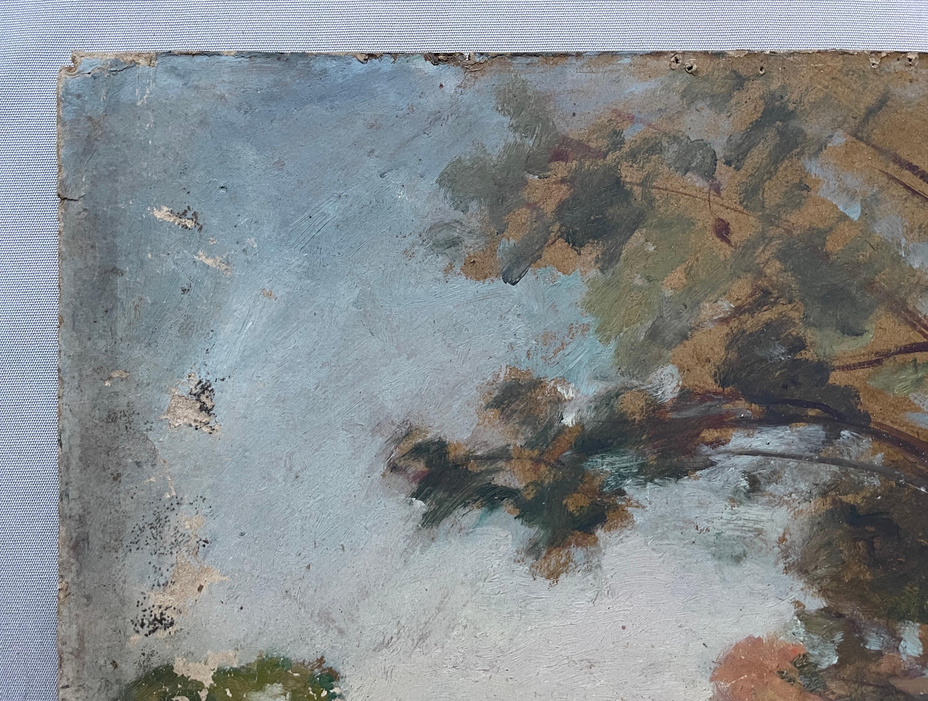 Albert Dagnaux, Paisaje fluvial, Óleo sobre cartón a restaurar - Landscape Painting Gris de Albert Marie A. DAGNAUX
