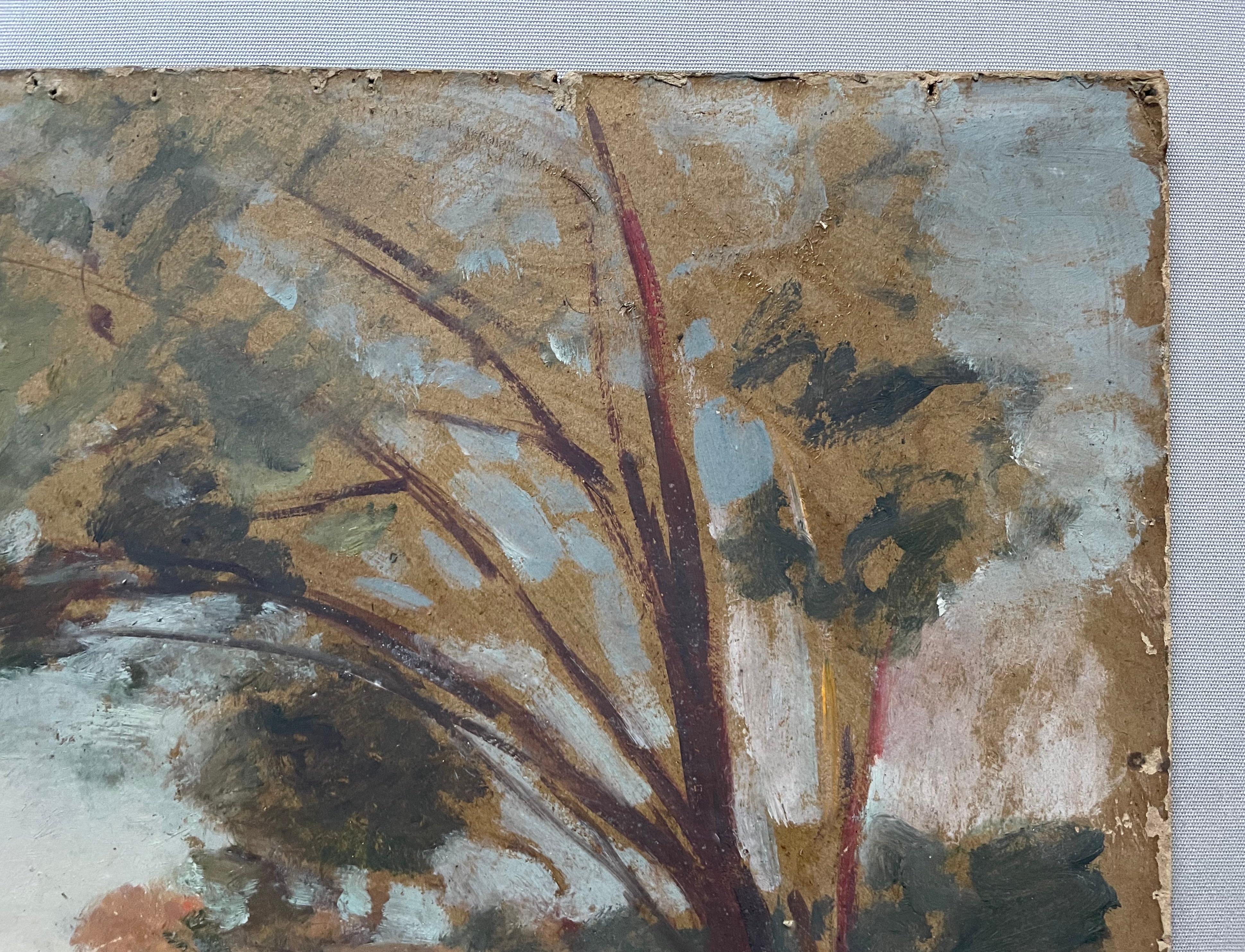 Albert Marie A. DAGNAUX (1861-1933)
Paisaje fluvial.
Óleo sobre cartón de finales del siglo XIX, sin firmar, fondo del estudio de Albert Dagnaux.
Restos de humedad en el lado izquierdo, grietas y falta de pintura.
Esquinas recortadas y dobladas para