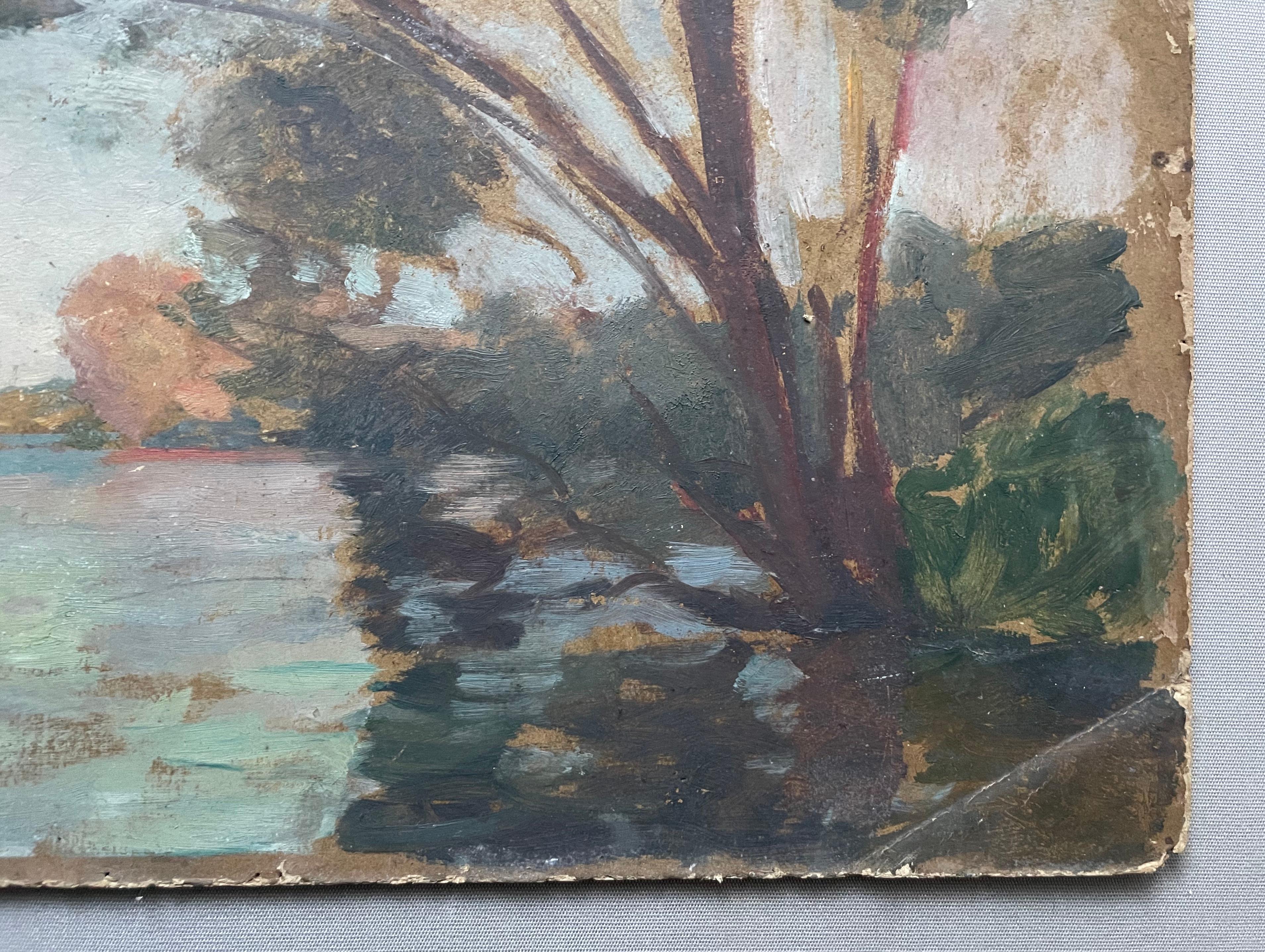 Albert Dagnaux, Paisaje fluvial, Óleo sobre cartón a restaurar 1