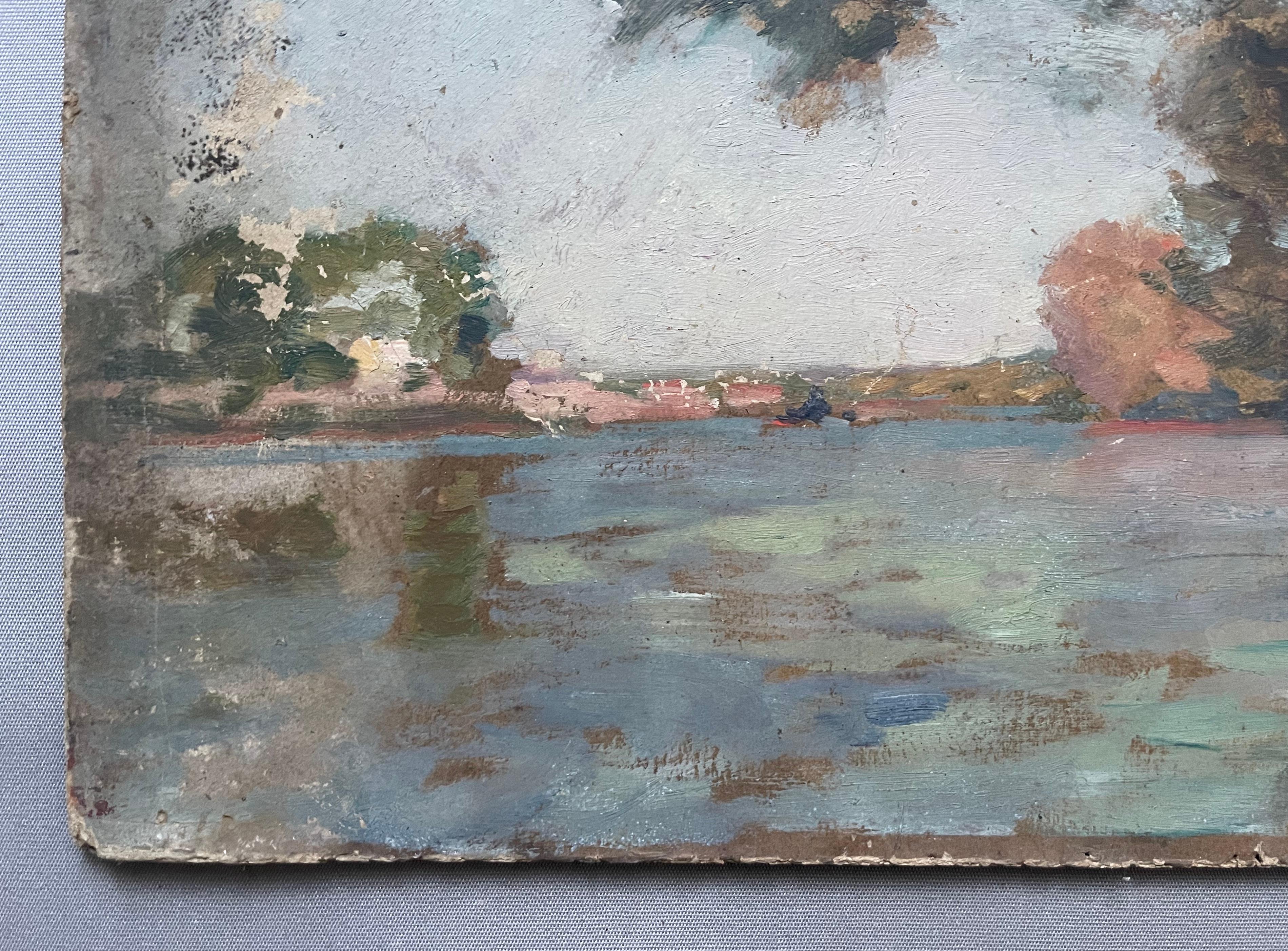 Albert Dagnaux, Paisaje fluvial, Óleo sobre cartón a restaurar 2