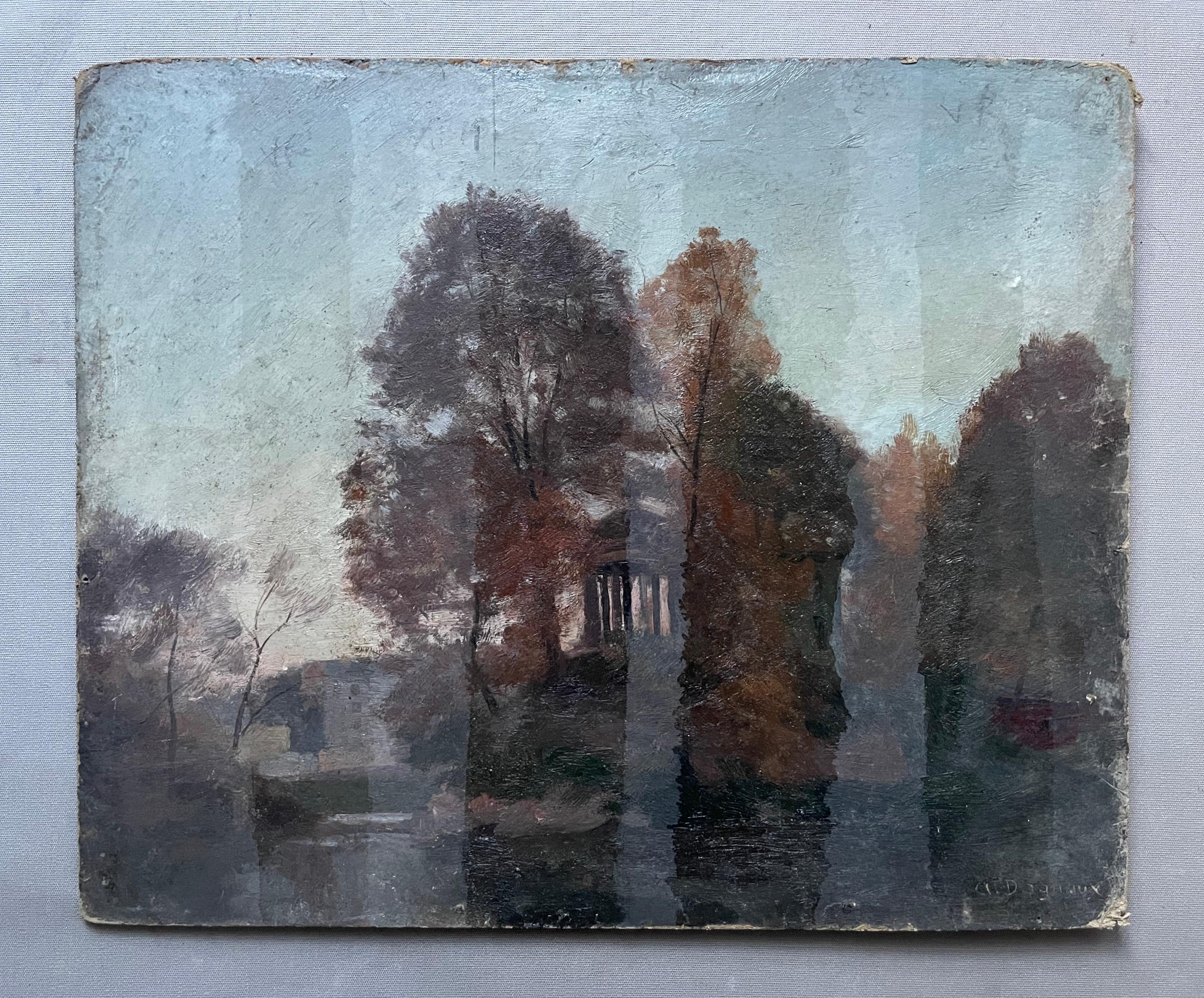 Albert Dagnaux, Vista del bosque de Boulogne, Óleo sobre cartón - Painting de Albert Marie A. DAGNAUX