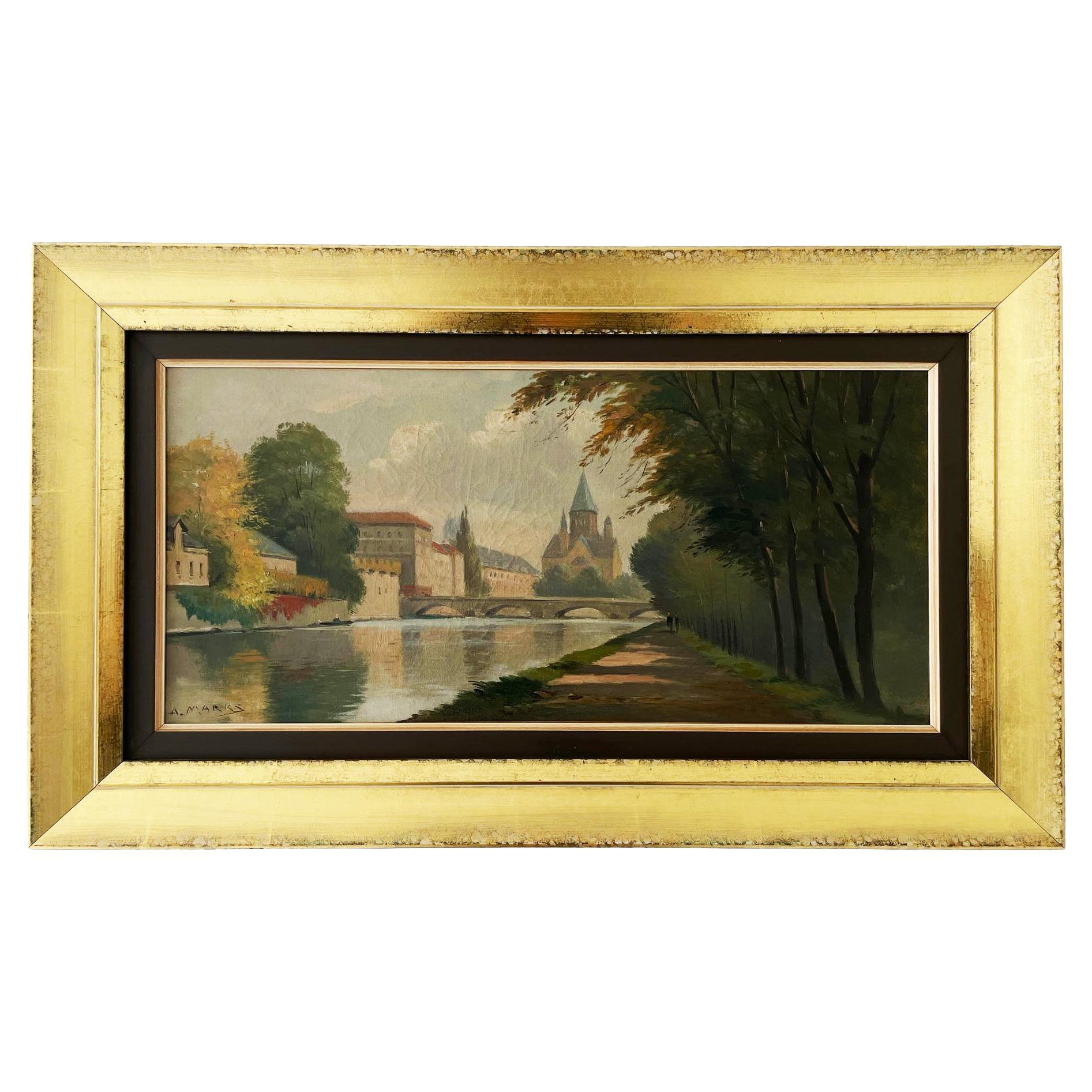 Albert Marks 1930s Oil on Canvas; Landscape in Gilded Frame by Famous Framer