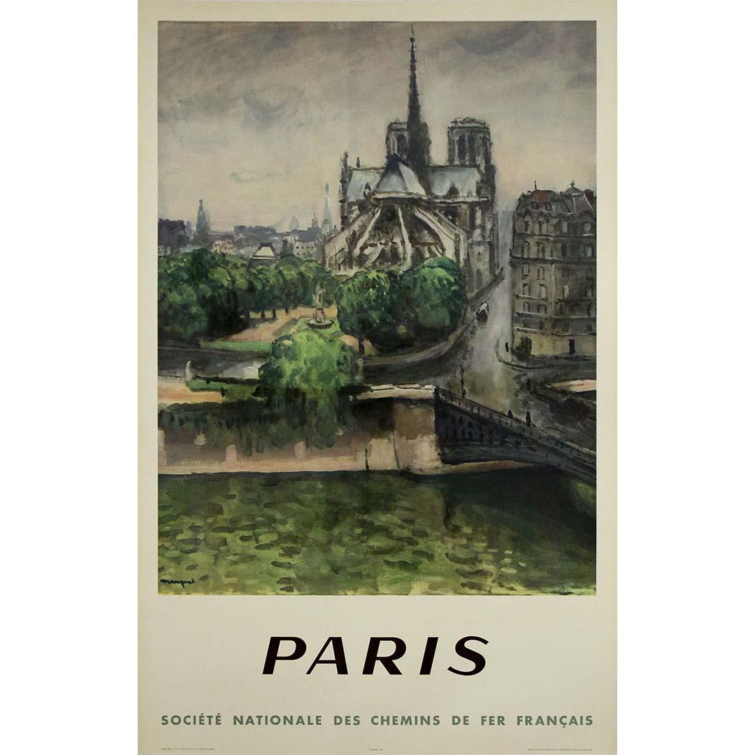 Cette évocatrice affiche de voyage originale de 1950, réalisée par Albert Marquet, a été commandée par la SNCF (Société Nationale des Chemins de Fer Français) pour promouvoir Paris comme une destination intemporelle accessible par le train.

L'œuvre