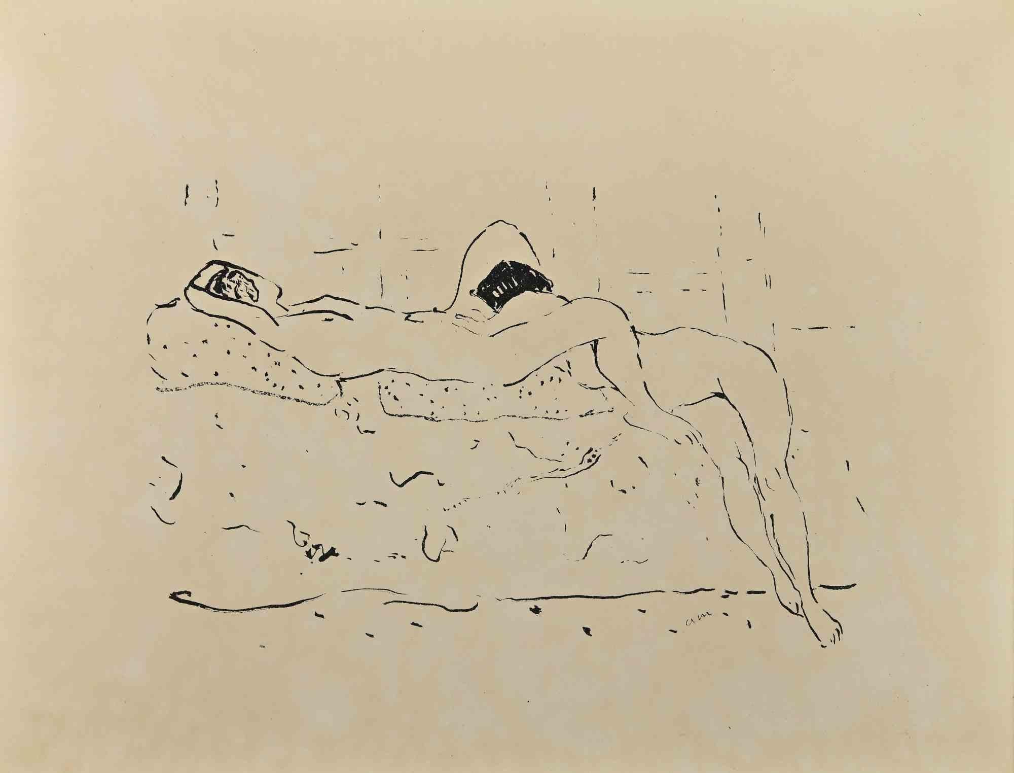 Erotic Scene ist eine wunderschöne Lithographie auf elfenbeinfarbenem Papier, die in den 1920er Jahren von Albert Marquet geschaffen wurde.  (Bordeaux, 1875 - Paris, 1947).

Monogrammiert auf der Platte am unteren Rand. 

Aus der Suite L'Académie