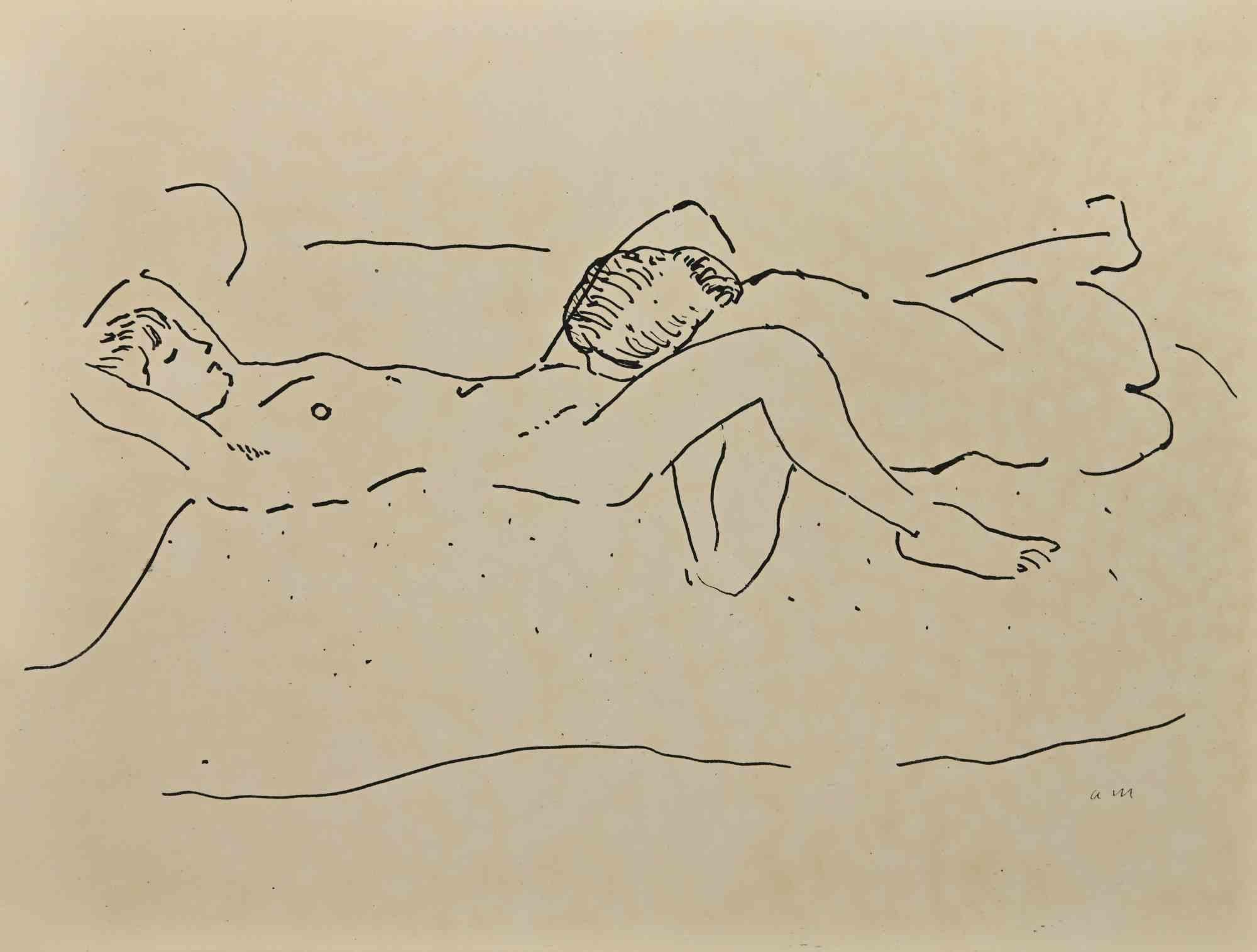 Erotic Scene ist eine wunderschöne Lithographie auf elfenbeinfarbenem Papier, die in den 1920er Jahren von Albert Marquet geschaffen wurde.  (Bordeaux, 1875 - Paris, 1947).

Monogrammiert auf der Platte am unteren Rand.

Aus der Suite L'Académie des