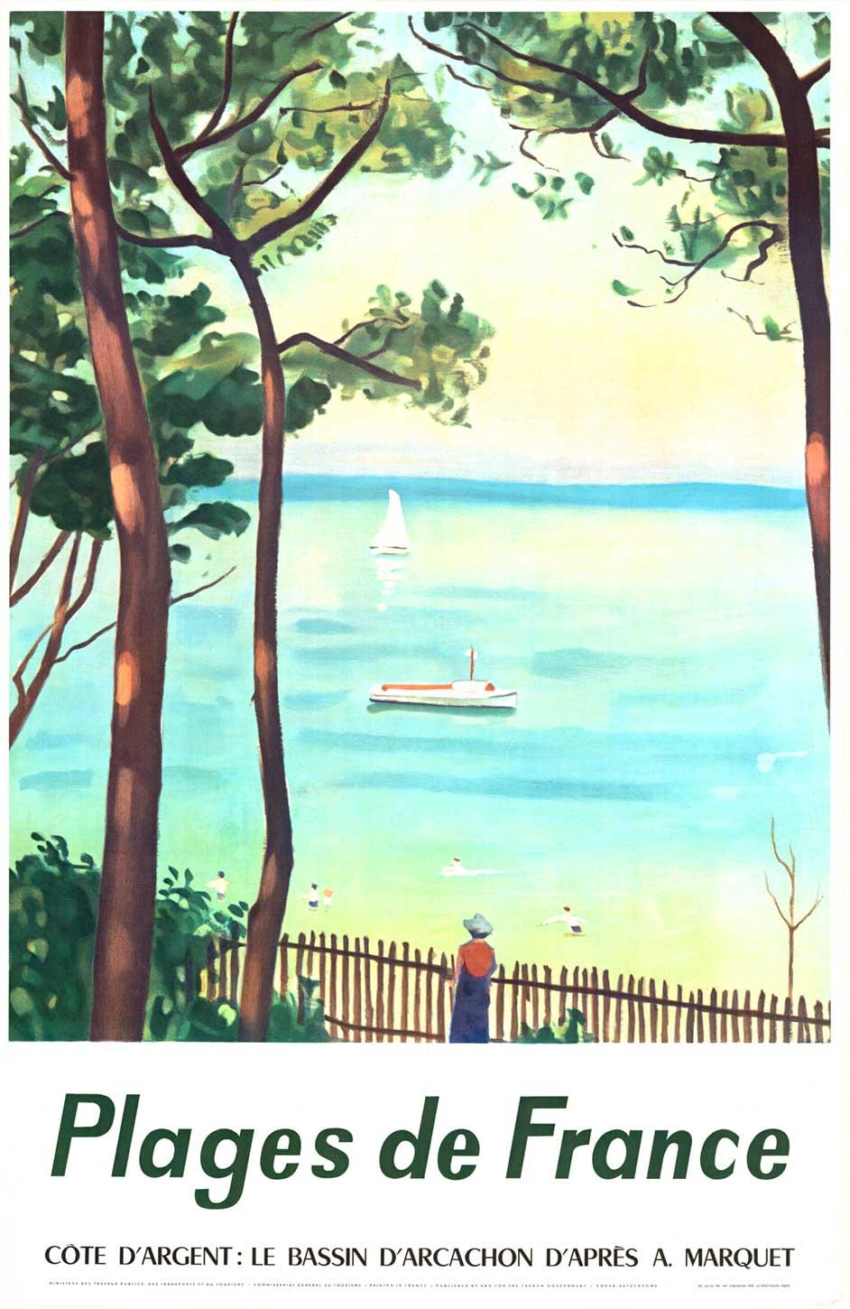 Original Plagues de France affiche de voyage française vintage, sur support en lin, 1960