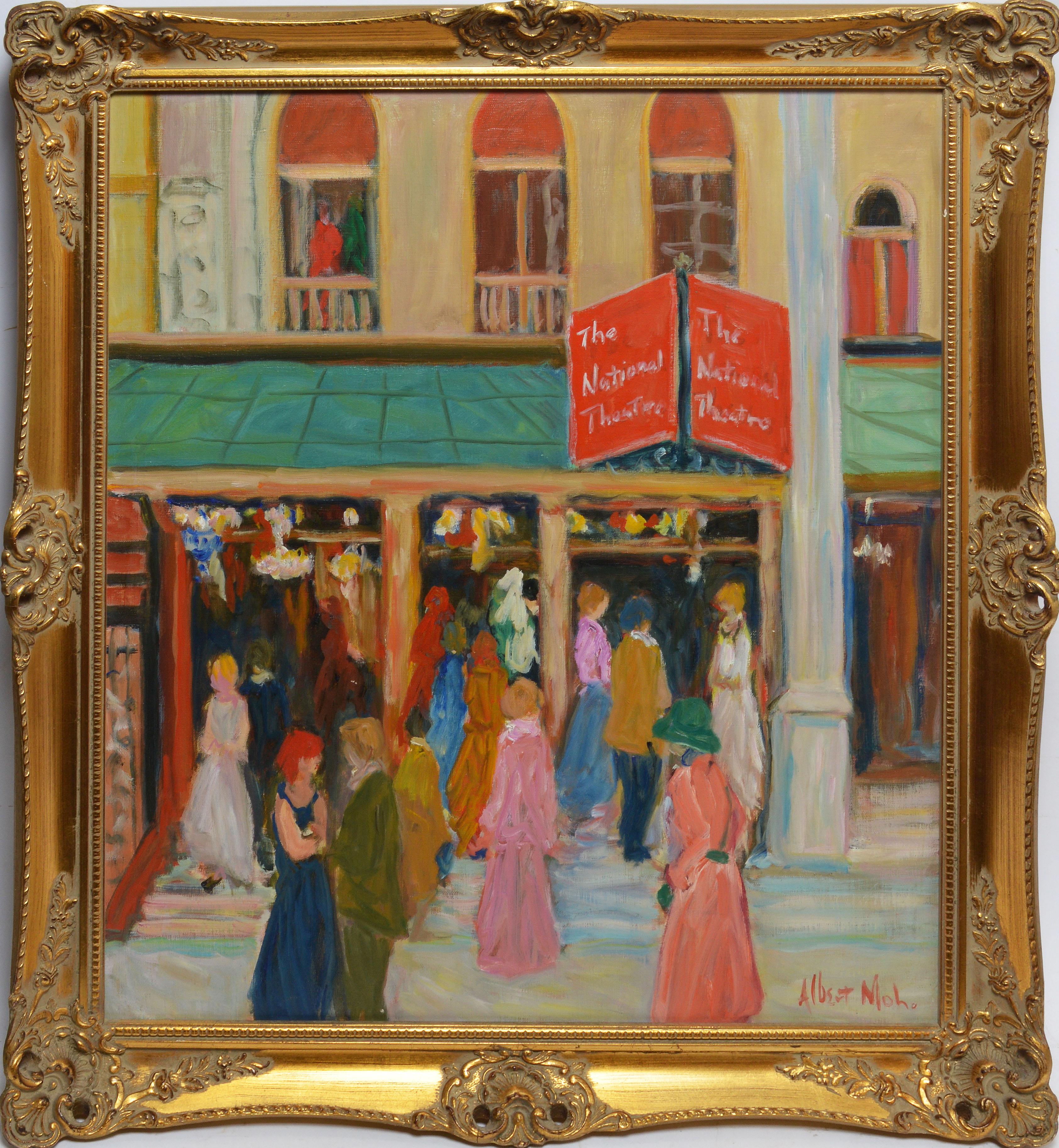 Impressionist city view of the National Theatre by Albert Mohr  (born 1918).  Oil on canvas, circa 1950.  Signed.  Displayed in a giltwood frame.  Image size, 24"H x 20"L, overall 28"H x 24"L. 