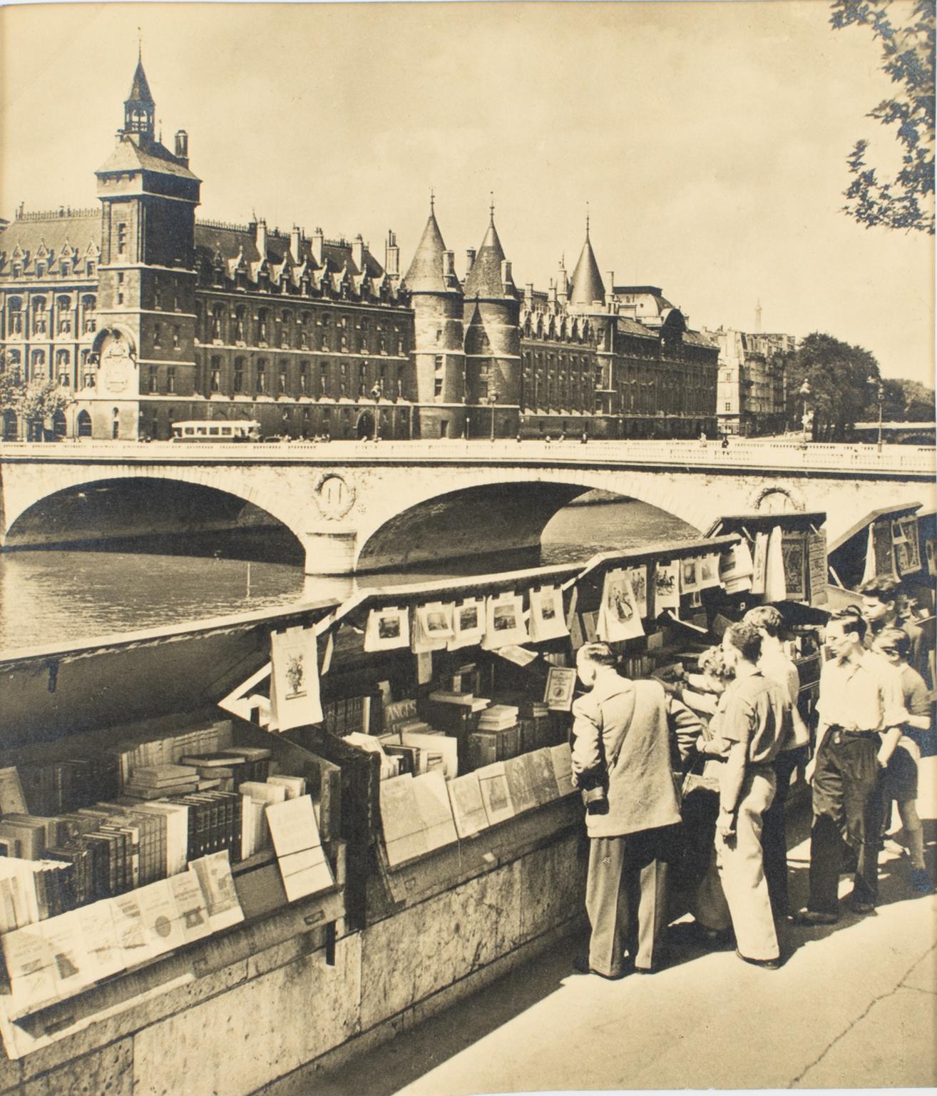 Albert Monier Landscape Photograph - Paris, The Riverbank Booksellers - Black and White Original Photography Postcard