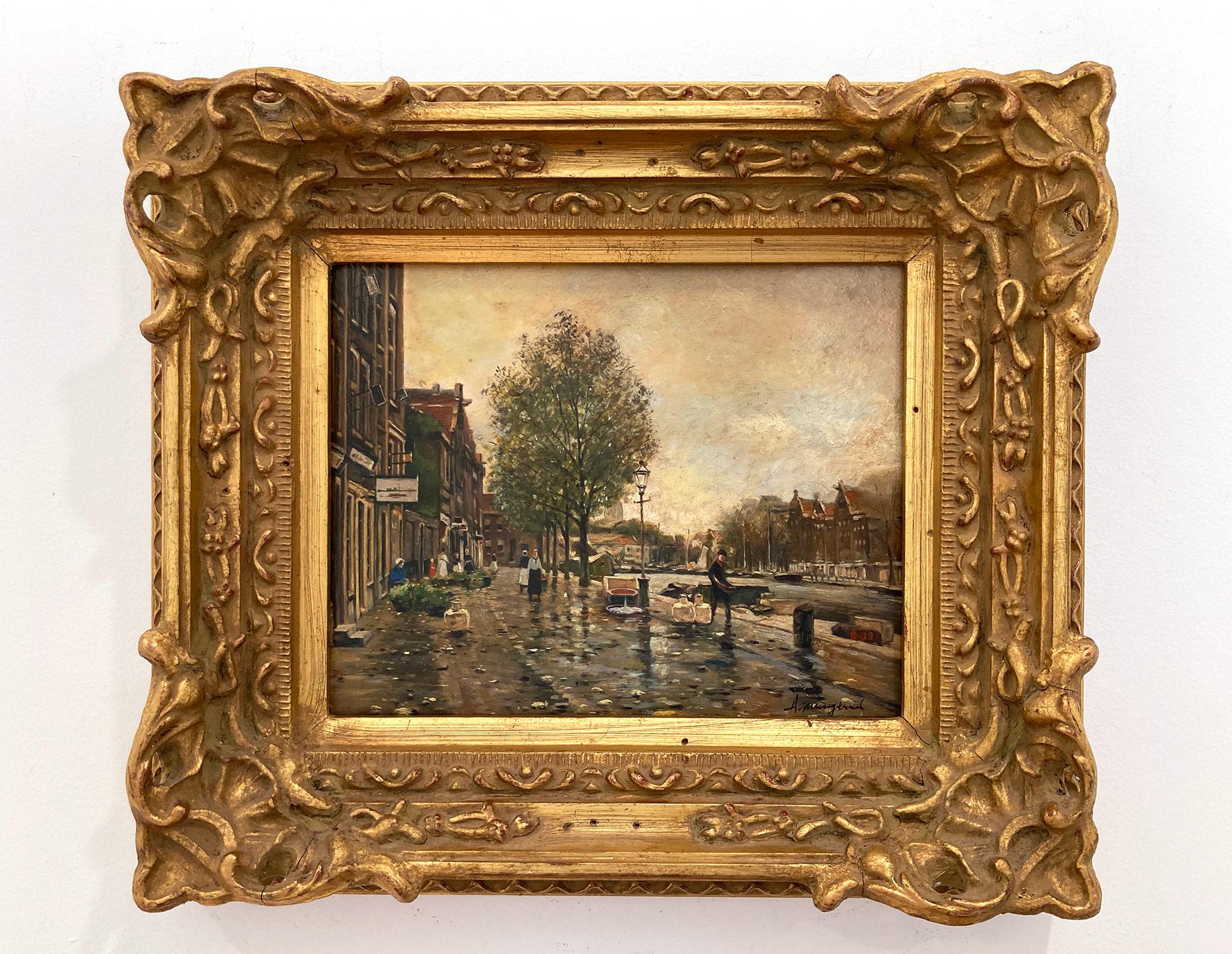 Impressionistisches Ölgemälde auf Holzplatte, Französisch-amerikanischer Künstler, „Ein niederländischer Kanal“ im Angebot 9