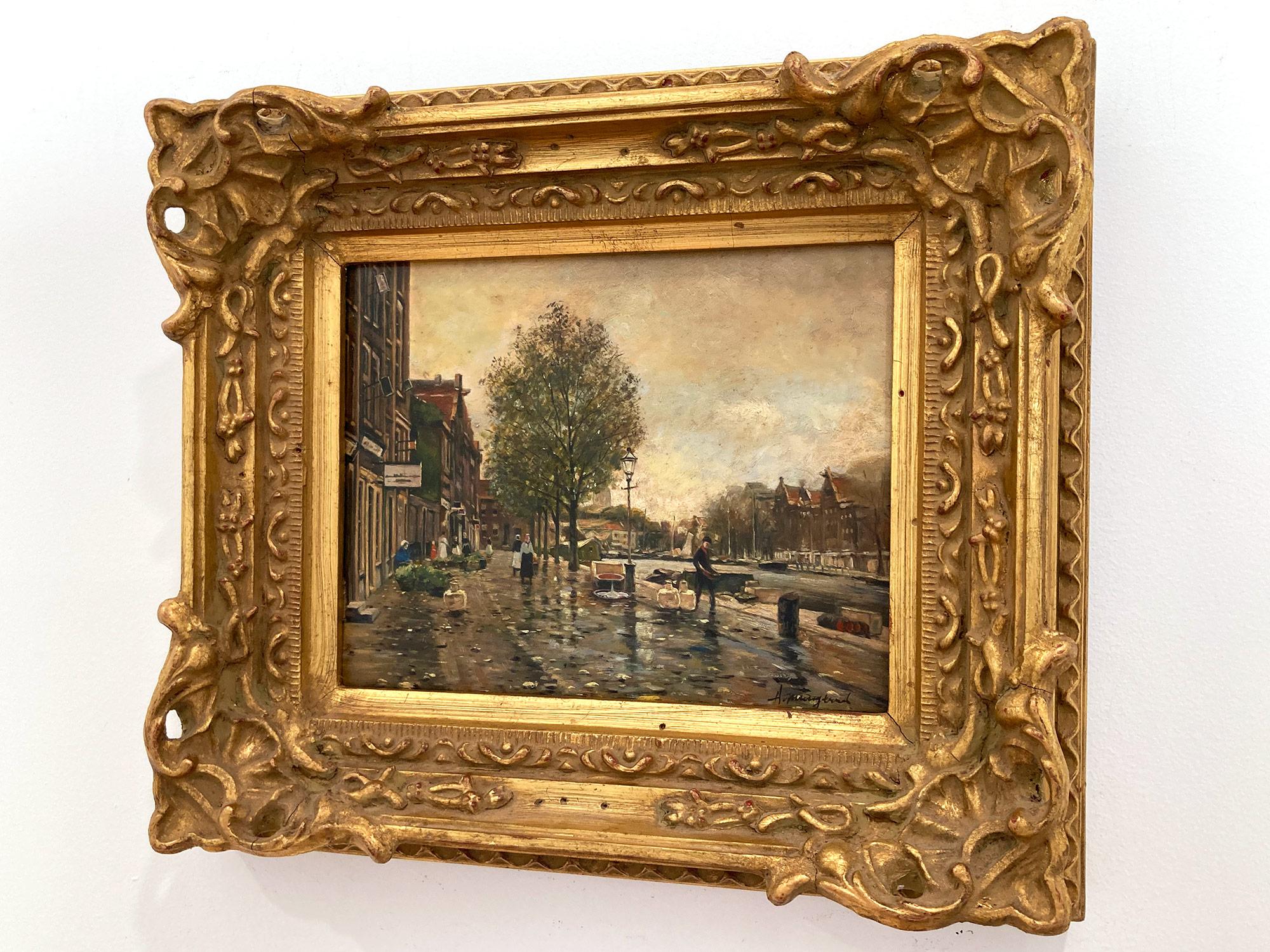 Impressionistisches Ölgemälde auf Holzplatte, Französisch-amerikanischer Künstler, „Ein niederländischer Kanal“ im Angebot 10