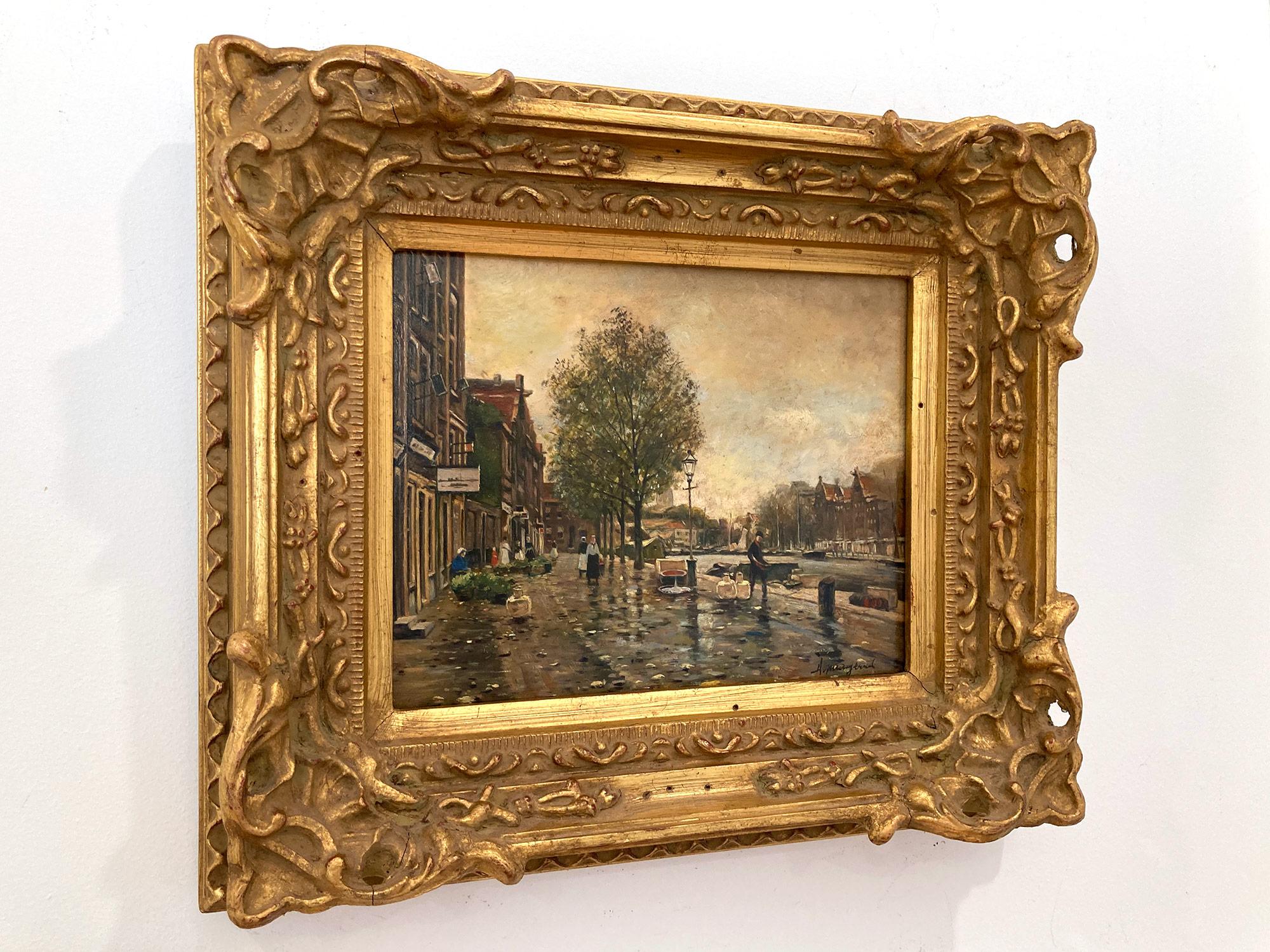 Impressionistisches Ölgemälde auf Holzplatte, Französisch-amerikanischer Künstler, „Ein niederländischer Kanal“ im Angebot 11