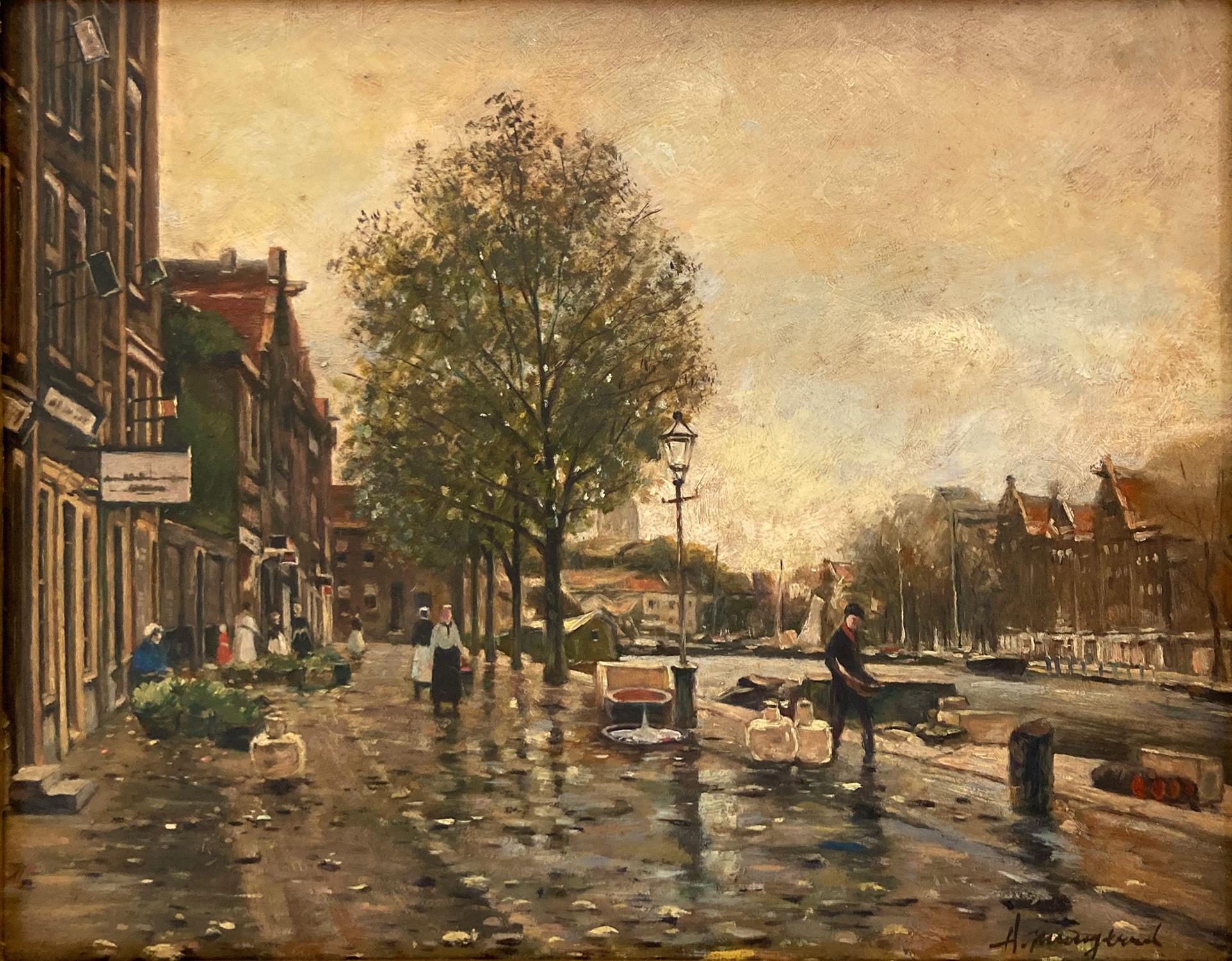 Impressionistisches Ölgemälde auf Holzplatte, Französisch-amerikanischer Künstler, „Ein niederländischer Kanal“ – Painting von Albert Munghard