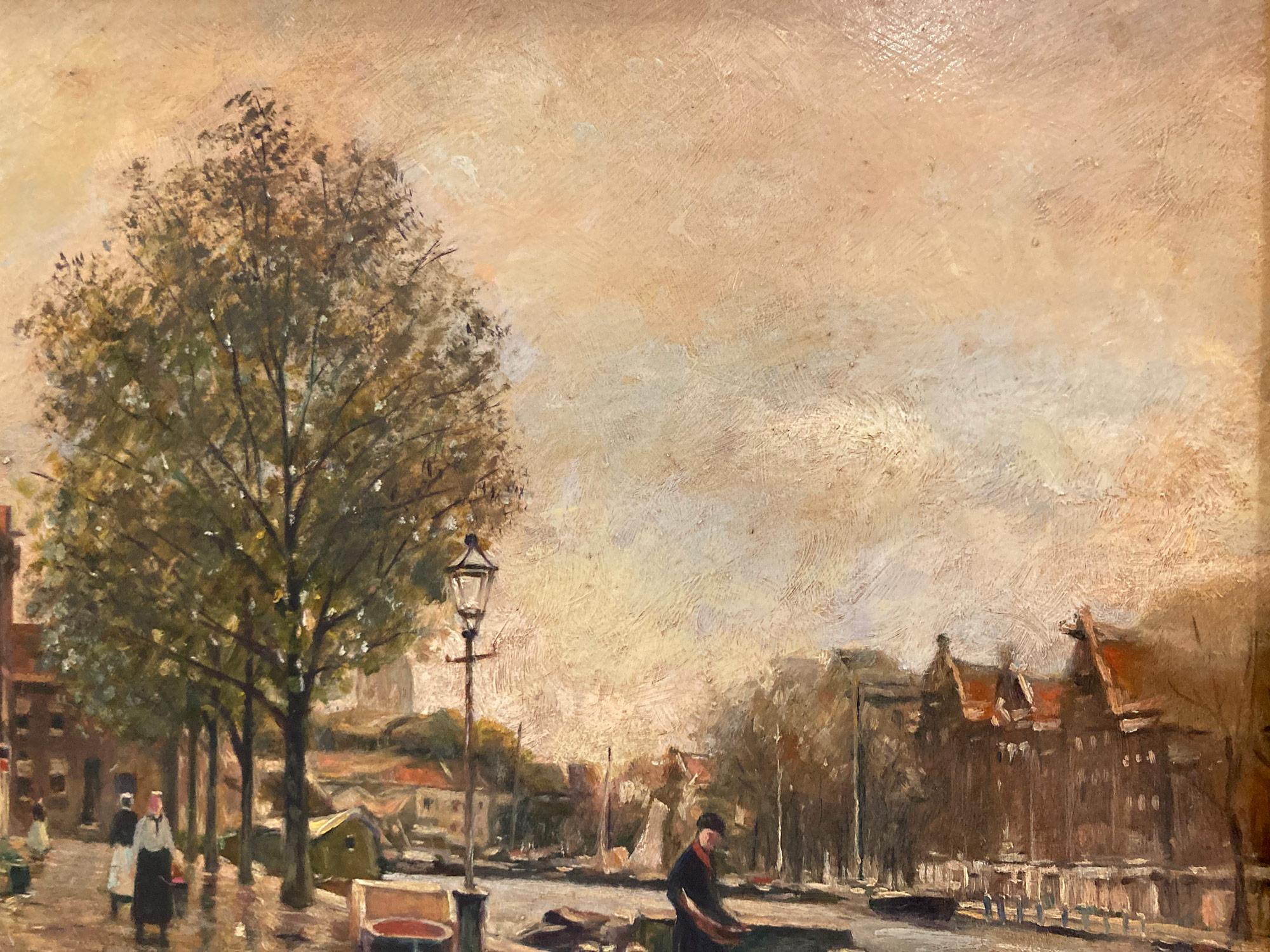Impressionistisches Ölgemälde auf Holzplatte, Französisch-amerikanischer Künstler, „Ein niederländischer Kanal“ (Amerikanischer Impressionismus), Painting, von Albert Munghard