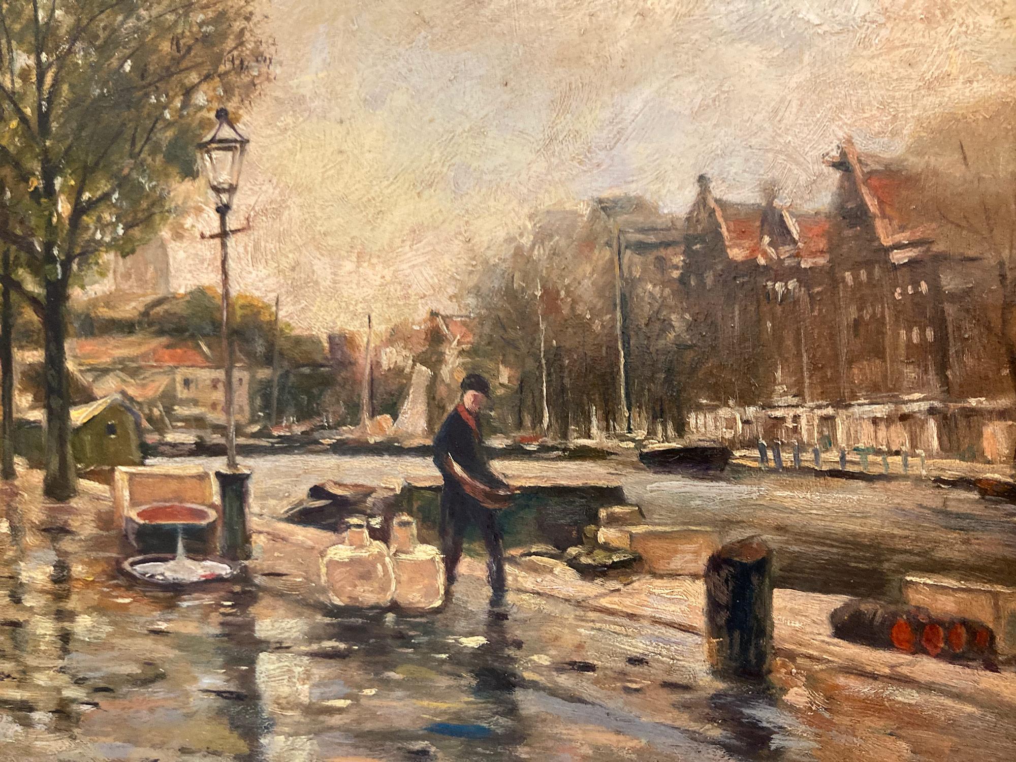 Impressionistisches Ölgemälde auf Holzplatte, Französisch-amerikanischer Künstler, „Ein niederländischer Kanal“ (Braun), Figurative Painting, von Albert Munghard