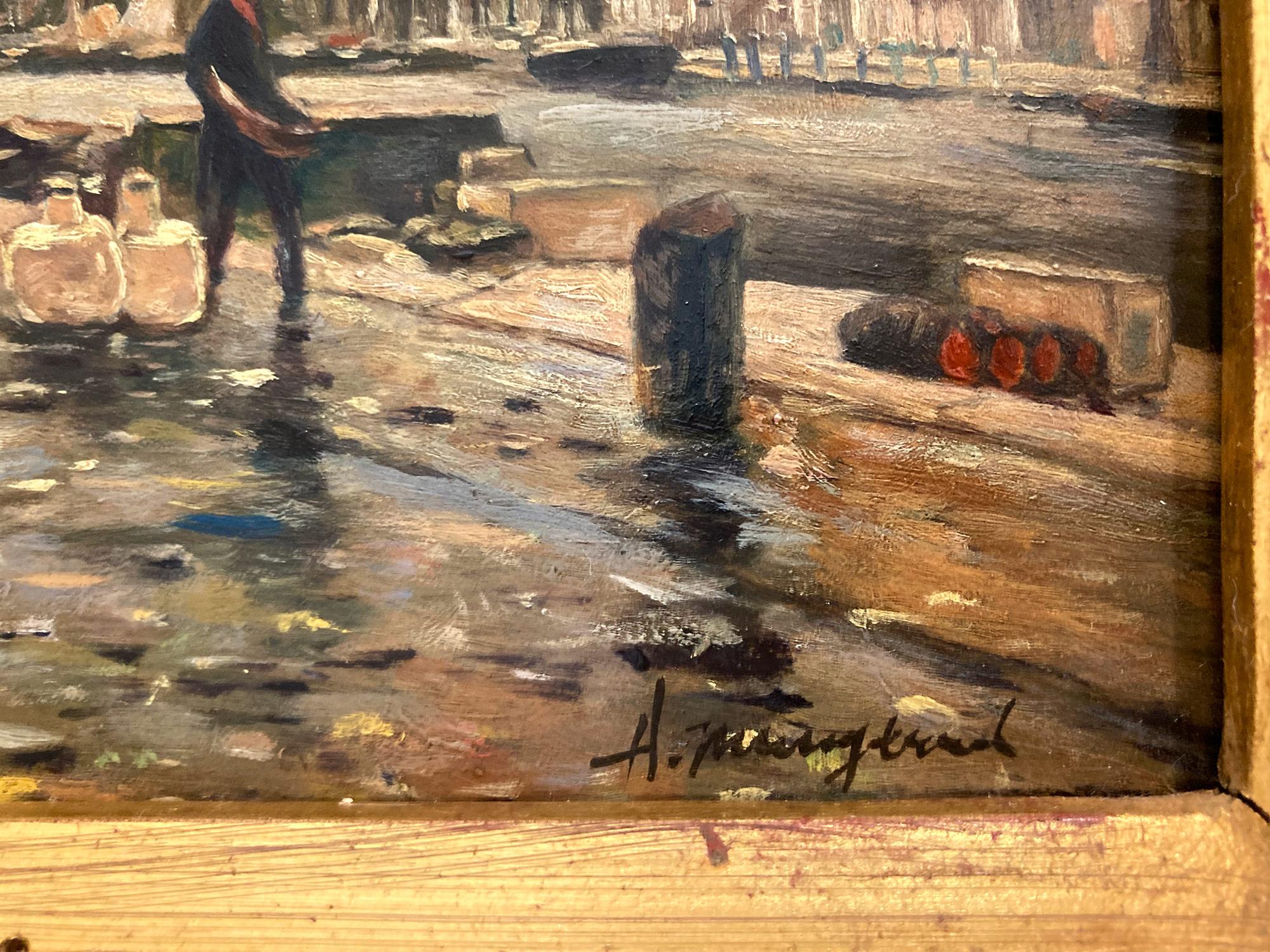 Impressionistisches Ölgemälde auf Holzplatte, Französisch-amerikanischer Künstler, „Ein niederländischer Kanal“ im Angebot 3