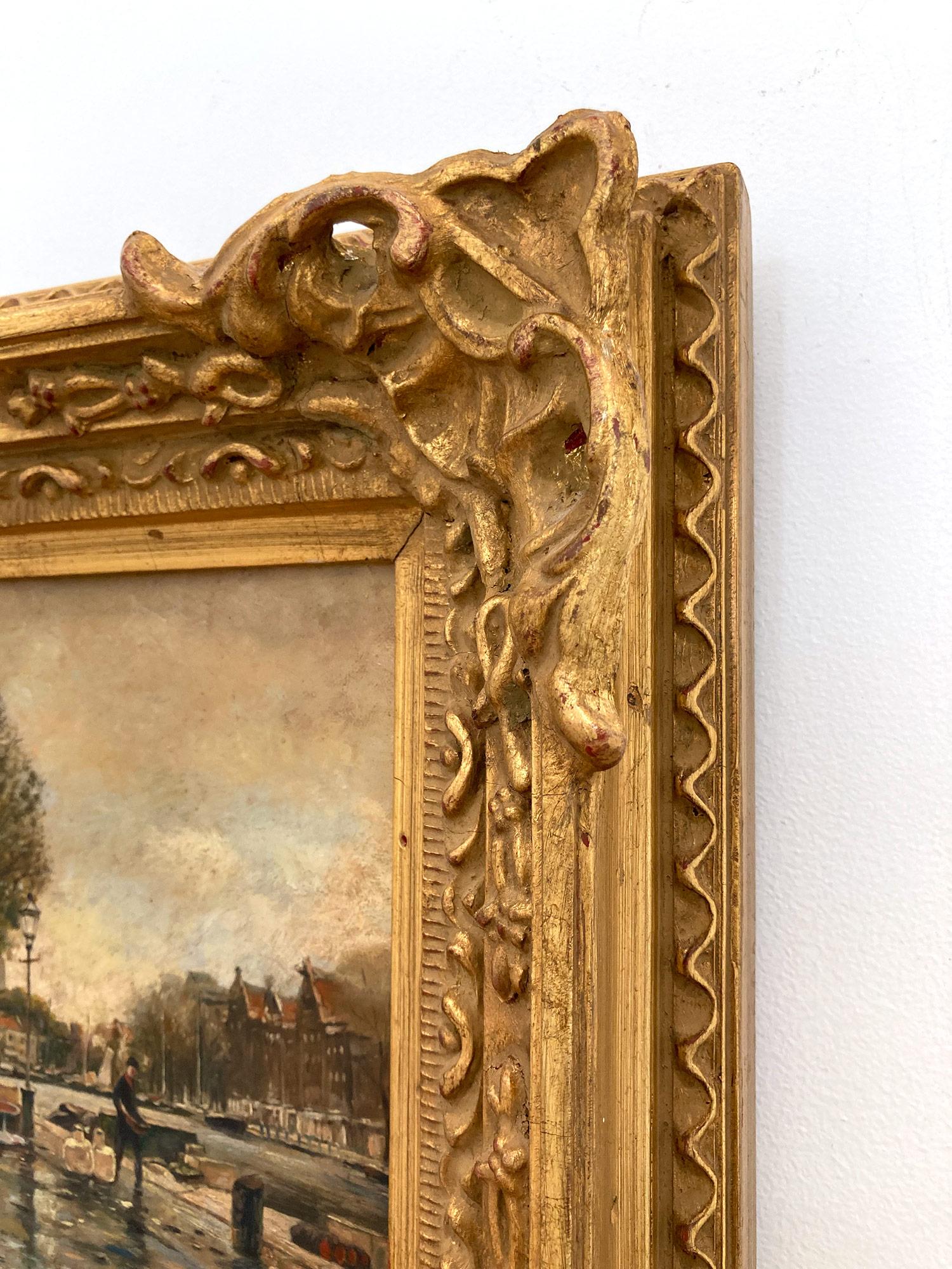 Impressionistisches Ölgemälde auf Holzplatte, Französisch-amerikanischer Künstler, „Ein niederländischer Kanal“ im Angebot 4