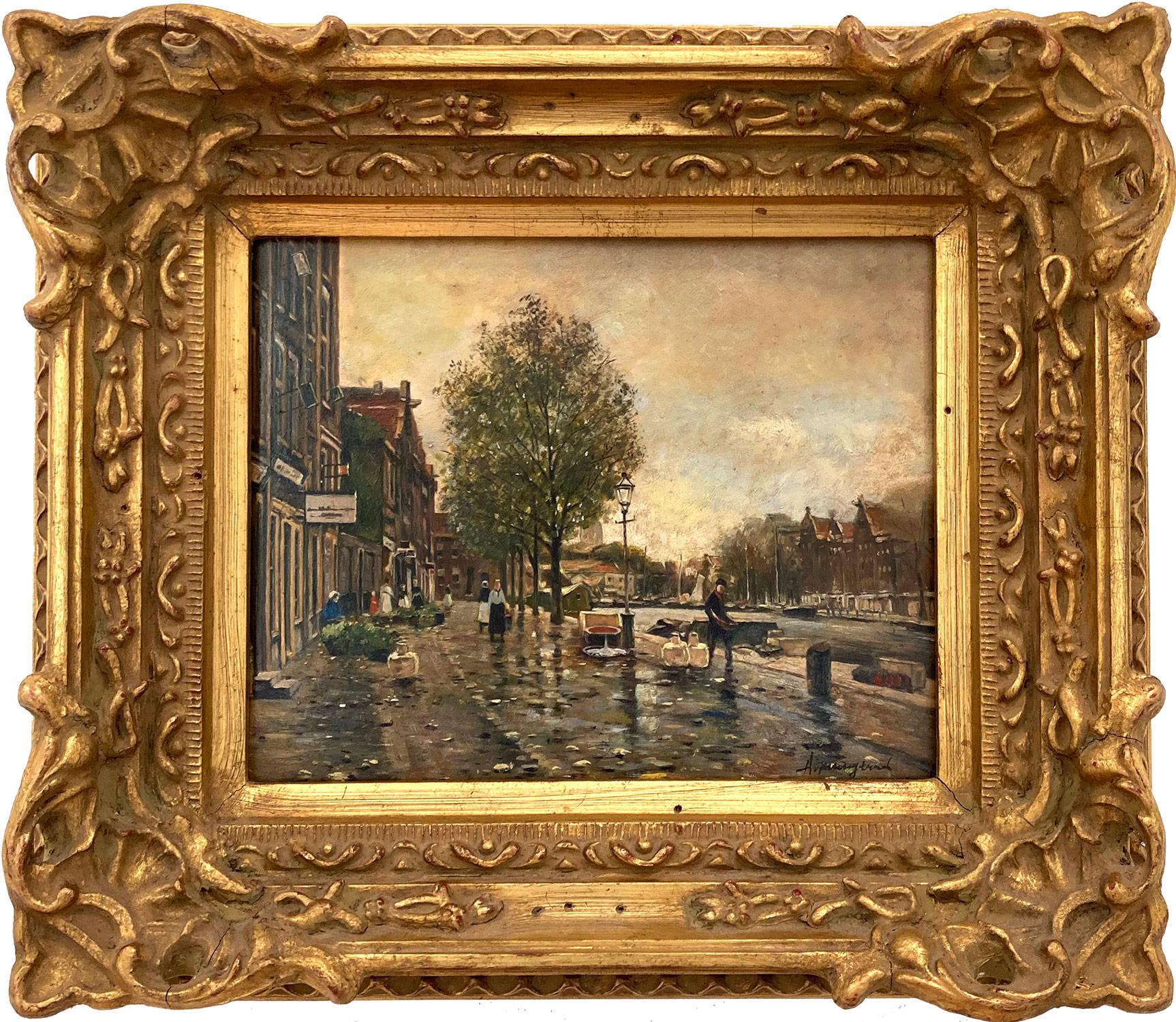 "A Dutch Canal" Impressionist Oil Painting on Wood Panel French-American Artist