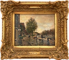 « Un canal néerlandais » Peinture à l'huile impressionniste sur panneau de bois d'un artiste franco-américain