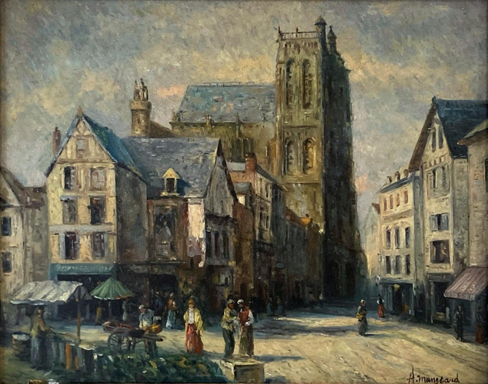 A stunning oil painting by Albert Munghard depicting figures by the Church of St. Wilfran, this piece was created after the great British artist of the times William Lee Hankey, capturing the impression of the misty, day, the reflections on the