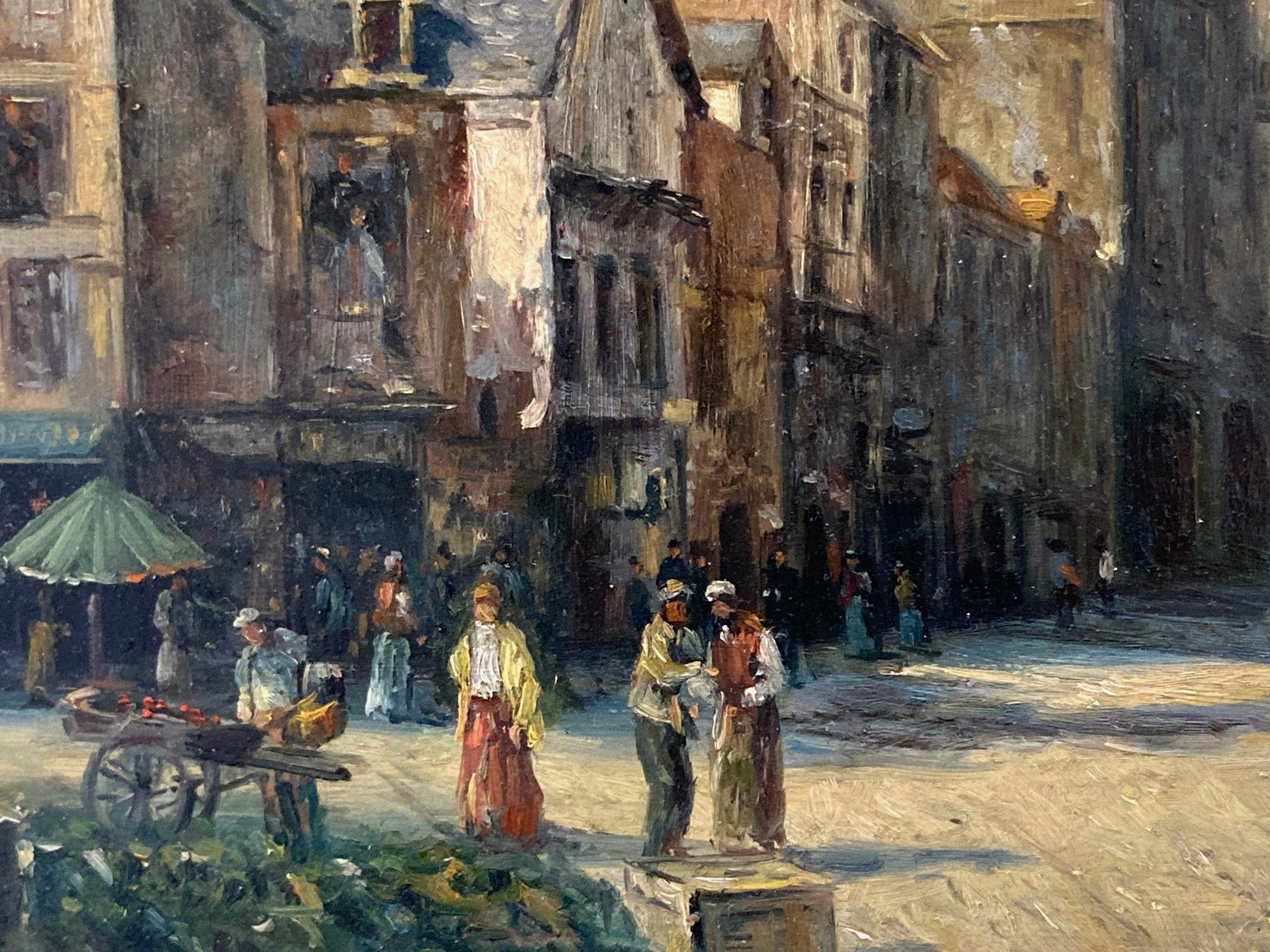 A stunning oil painting by Albert Munghard depicting figures by the Church of St. Wilfran, this piece was created after the great British artist of the times William Lee Hankey, capturing the impression of the misty, day, the reflections on the
