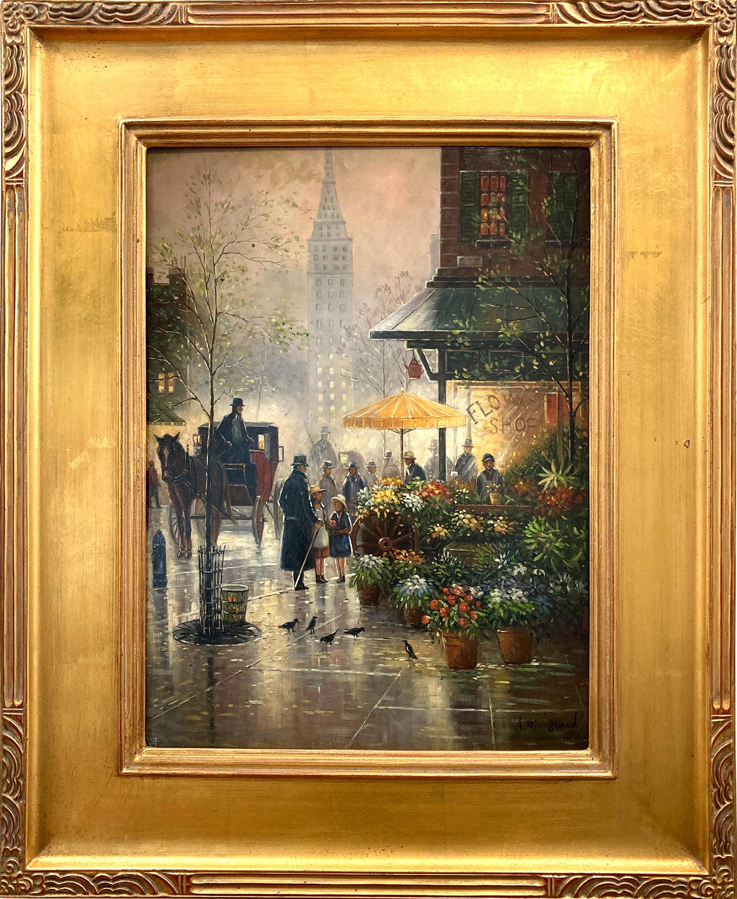 Albert Munghard Figurative Painting - "Flower Shop" Impressionistic City Scene Oil Painting by French-American Artist