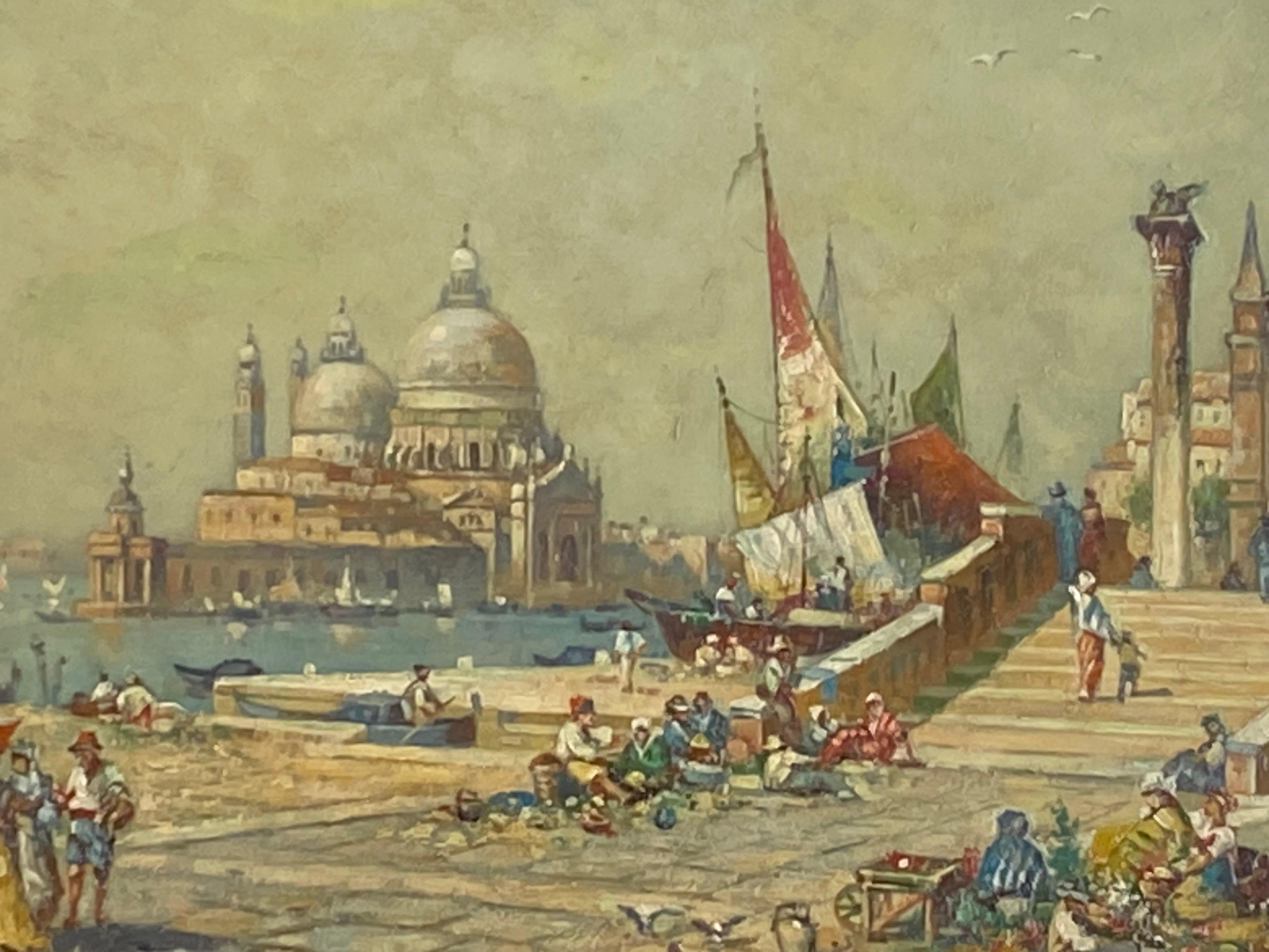 Originale dipinto a olio su tavola di una piazza di Venezia animata dall'artista americano Albert Munghard.  Firmato dall'artista in basso a destra.  Circa 1975. Le condizioni sono eccellenti.  Il dipinto è racchiuso in una cornice da galleria in
