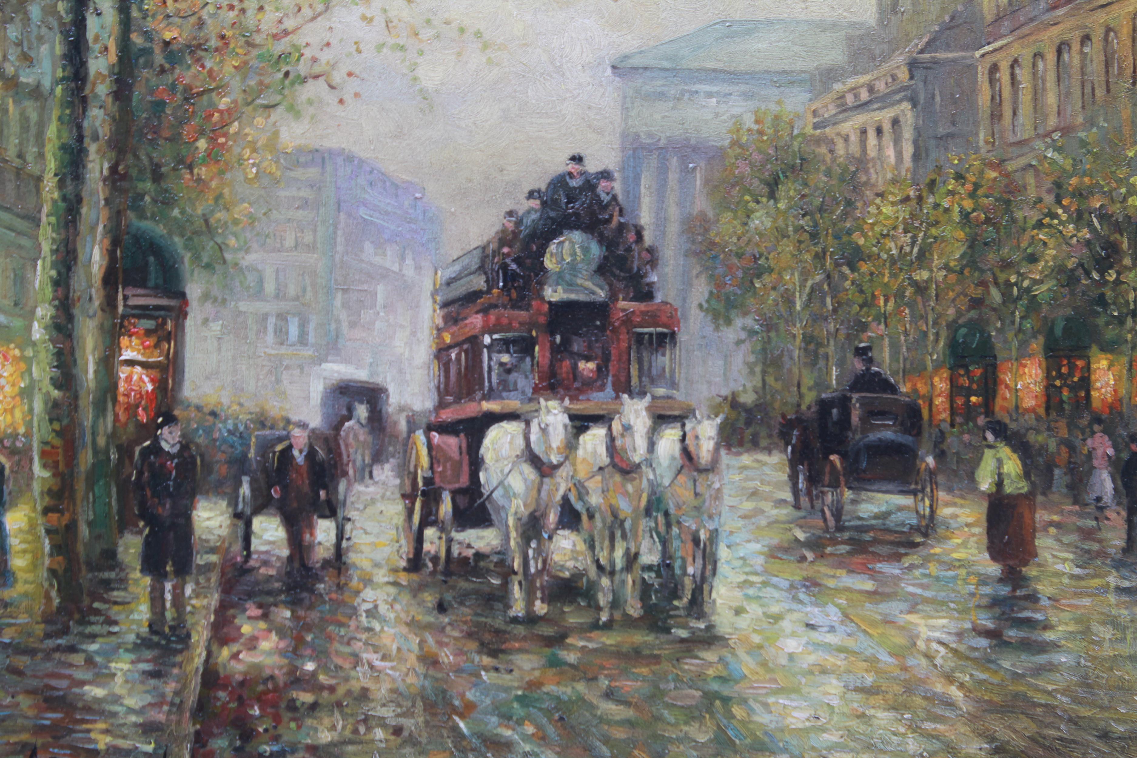 Albert Munghard (American, 1919-1998) Belle Époque style oil on board painting of a Parisian street scene near the Eglise de la Madeleine, with horses and carriages. The piece is signed in the lower left 'A. Munghard'. In great vintage condition.