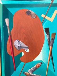 "Artist Studio Pallet & Brushes" Photorealist Turquoise Oil on Canvas Painting