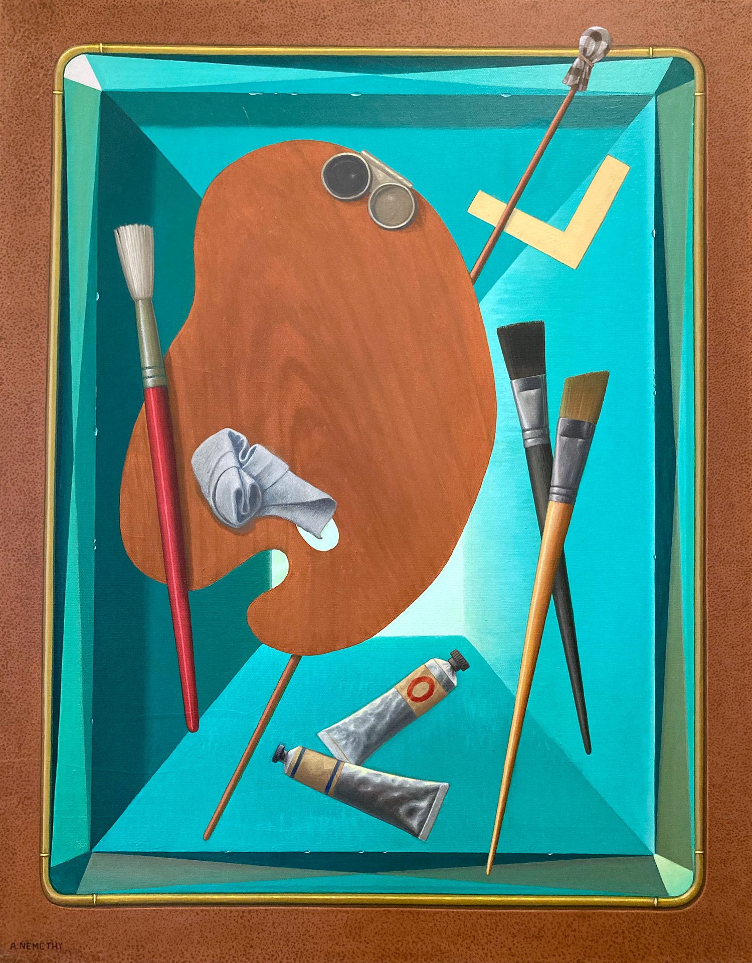 Albert Nemethy Jr. Abstract Painting - "Artist Studio Pallet & Brushes" Photorealist Turquoise Oil on Canvas Painting 