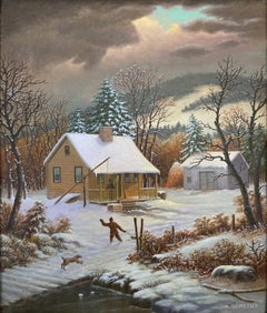 "Snow by the Cabin" Impressionistic Winter Snow Scene Oil on Canvas Painting