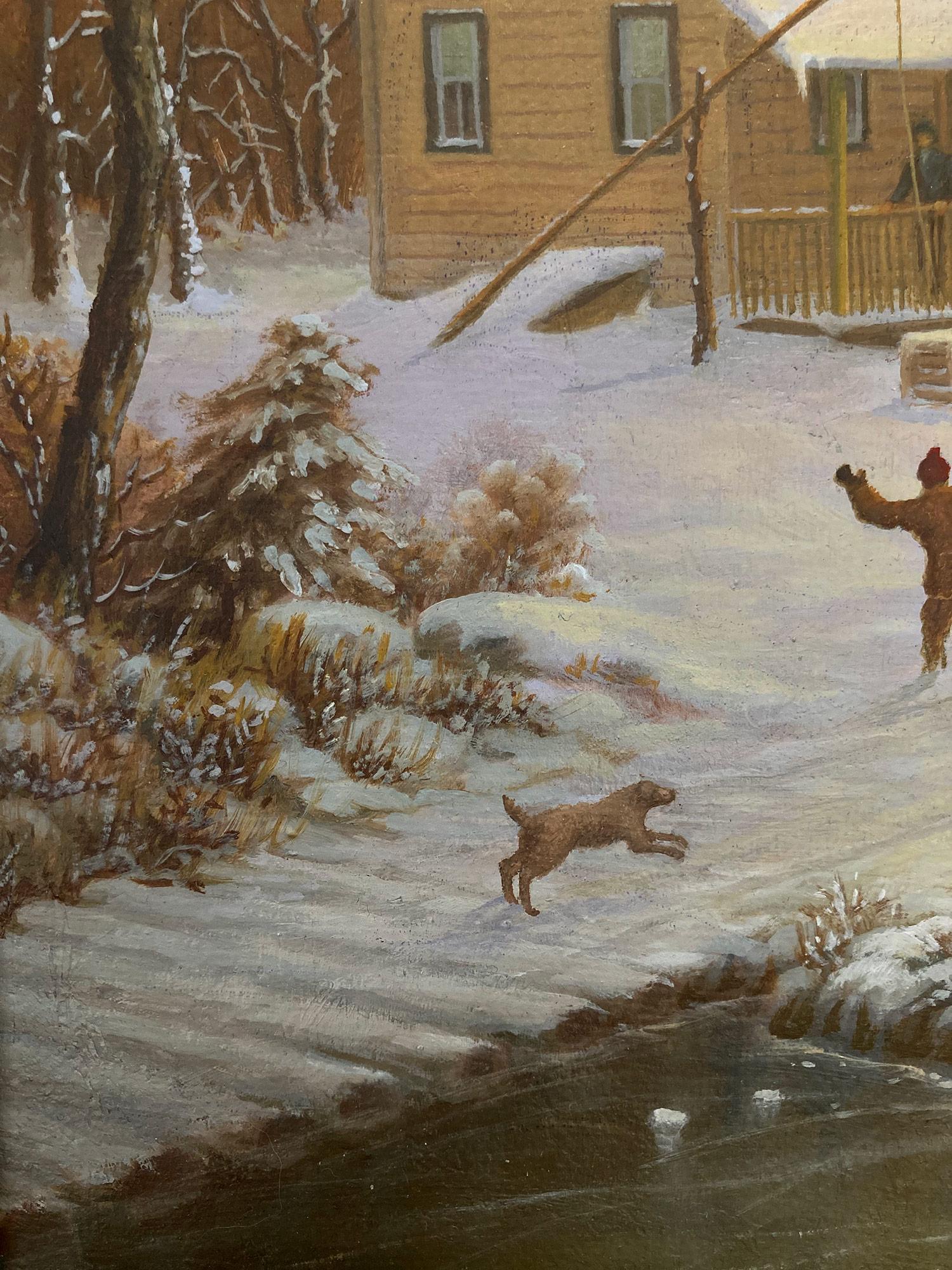 A quaint depiction of Figures in the snow by the Cabin in the Country. Nemethy uses fine detailed techniques with wonderful impressions. We can feel the warmth of the piece with unique colors from the North East, and the atmosphere is set