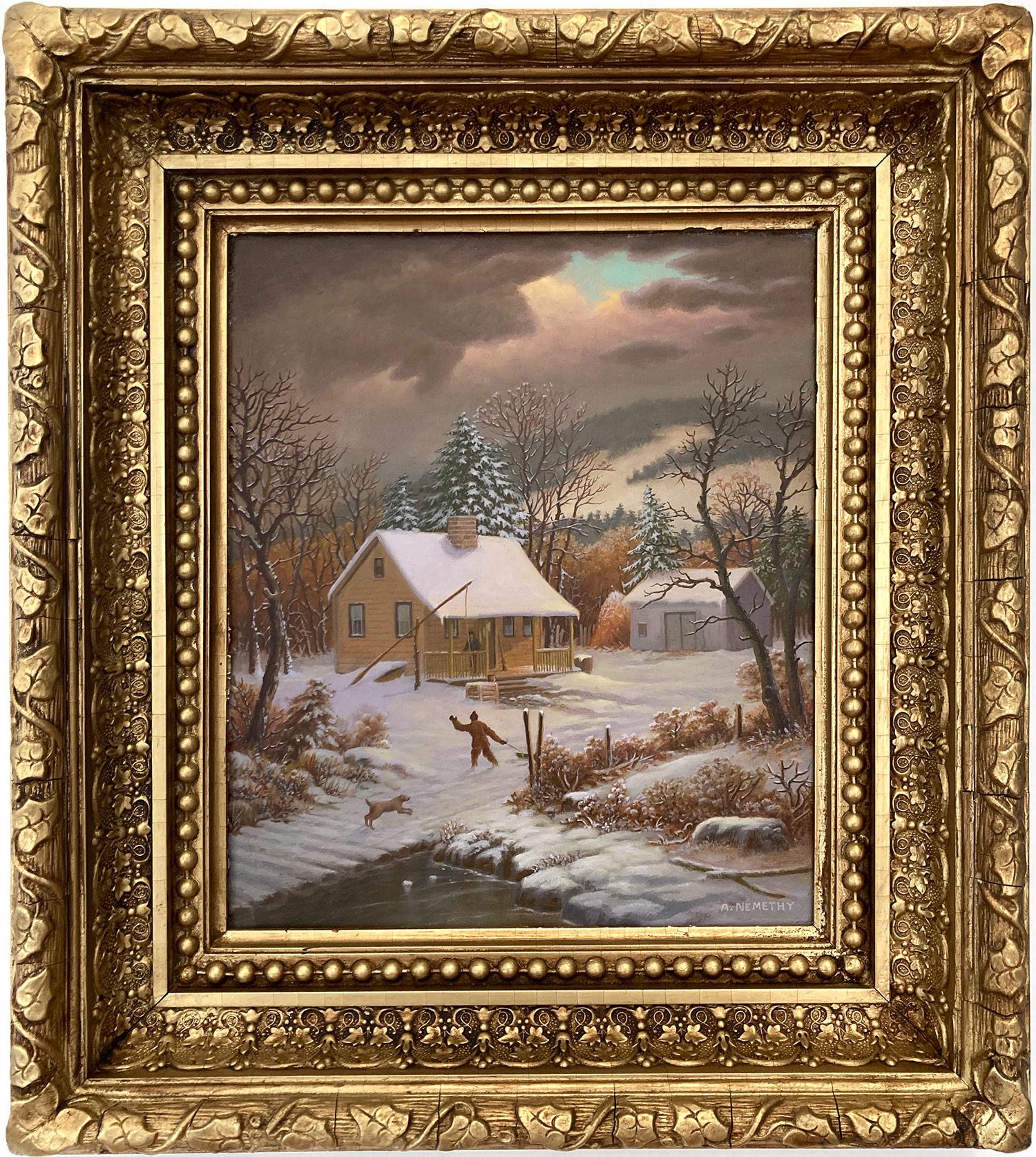 Albert Nemethy Jr. Figurative Painting - "Snow by the Cabin" Impressionistic Winter Snow Scene Oil on Canvas Painting