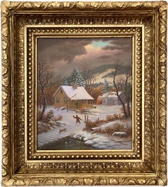 "Snow by the Cabin" Impressionistic Winter Snow Scene Oil on Canvas Painting