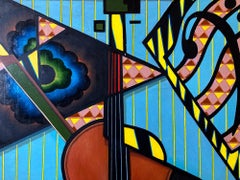 "Surrealist Violin" Photorealist Oil on Canvas Painting of Violin and Notes