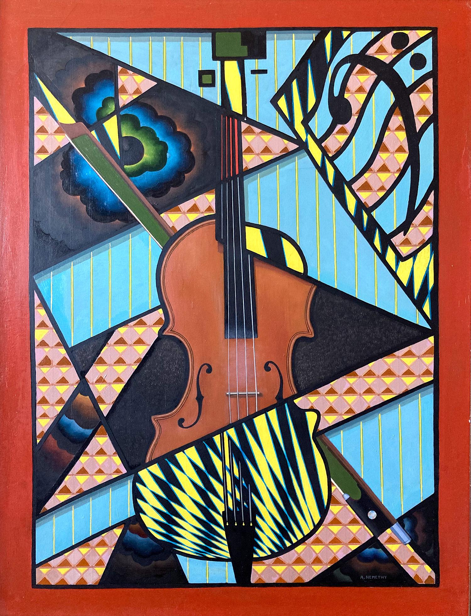 "Surrealistische Violine" Fotorealist Öl auf Leinwand Gemälde von Violine und Noten