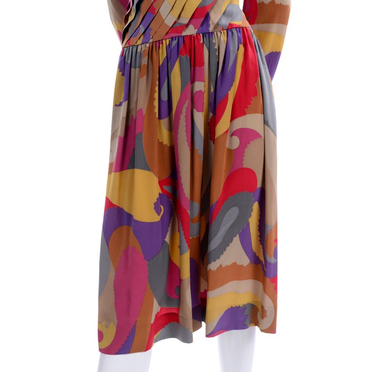 Albert Nipon Abstract Silk Vintage Dress With Pleated Bodice and Sash ...