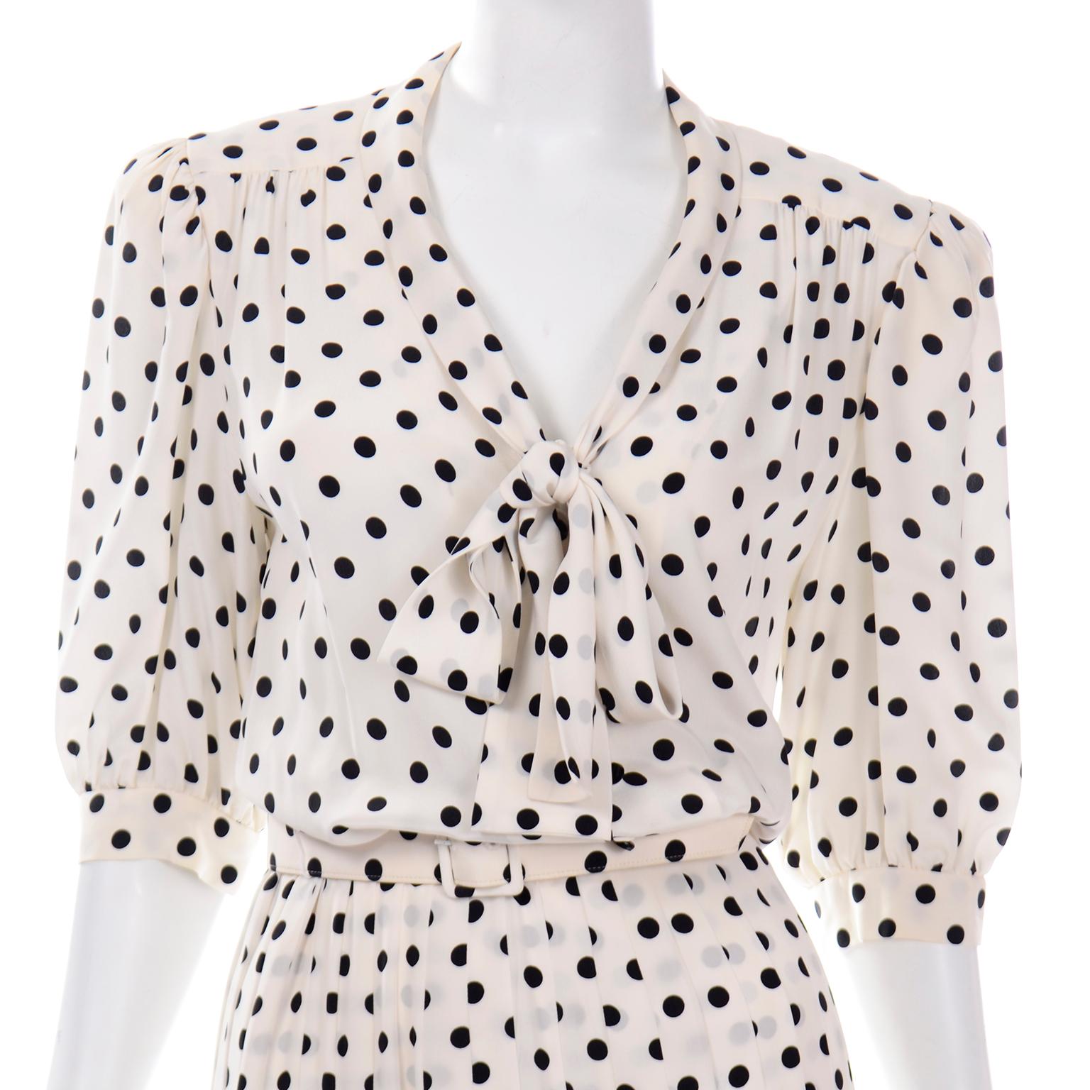 Albert Nipon Black & White Polka Dot Silk Vintage Dress w Belt 1