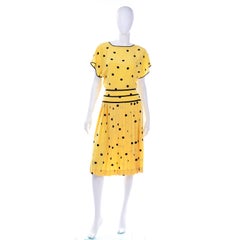 Albert Nipon Boutique Vintage Yellow Silk Dress With Black Polka Dots