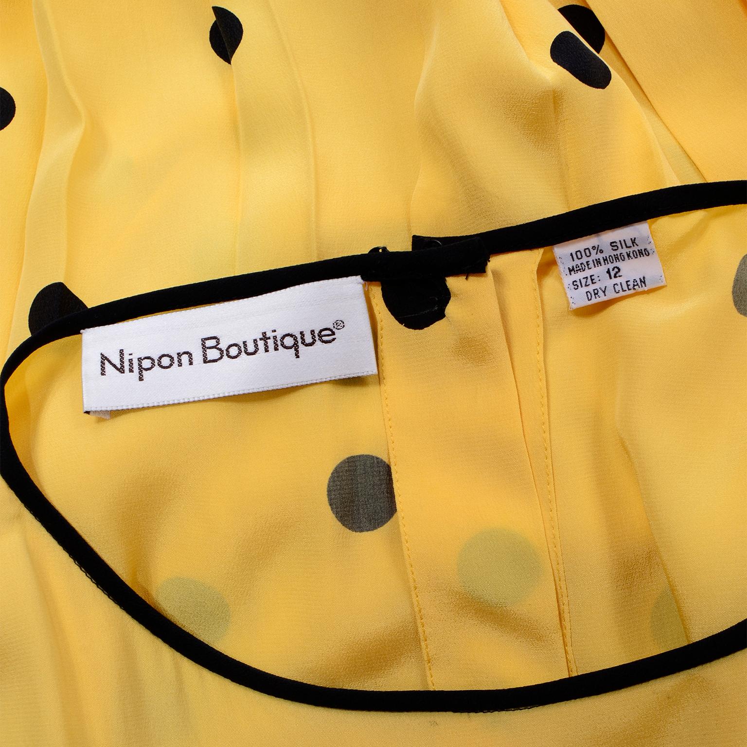 Women's Albert Nipon Boutique Vintage Yellow Silk Dress With Black Polka Dots For Sale