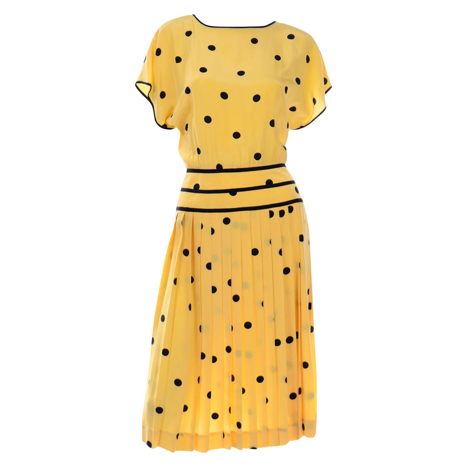 Albert Nipon Boutique Vintage Yellow Silk Dress With Black Polka Dots