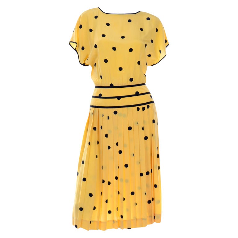 Albert Nipon Boutique Vintage Yellow Silk Dress With Black Polka Dots For Sale