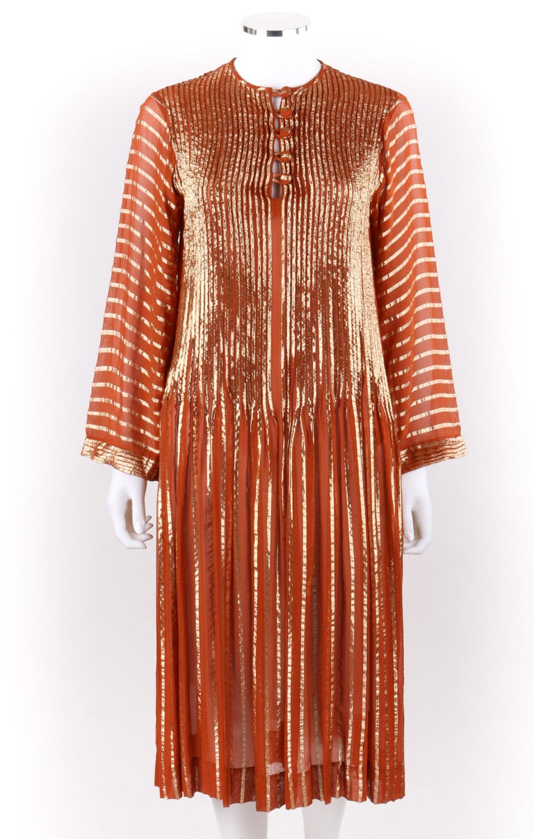 ALBERT NIPON c.1970’s Burnt Orange Gold Metallic Caftan Dress + Belt ...