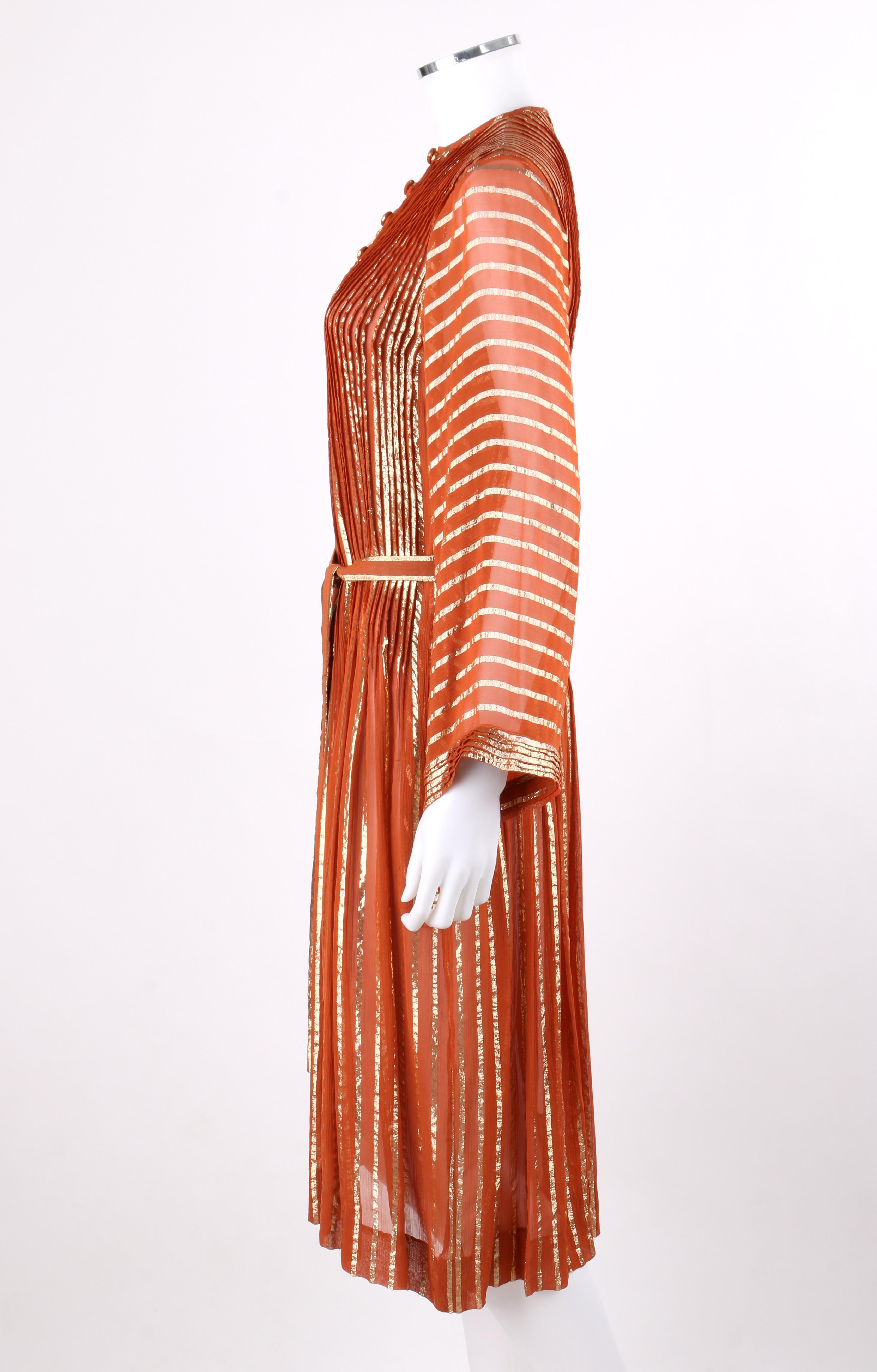 Brown ALBERT NIPON c.1970’s Burnt Orange Gold Metallic Caftan Dress + Belt Sash